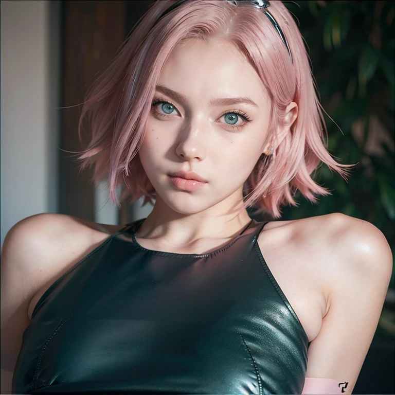 young woman, short shoulder-length pink hair, wide forehead, porcelain skin, pink eyebrows, big emerald green eyes, buttoned nose, full lips, heart-shaped face, slender body, small breasts, red tank top, Sakura Haruno , realistic, realism, details, 3d, well detailed