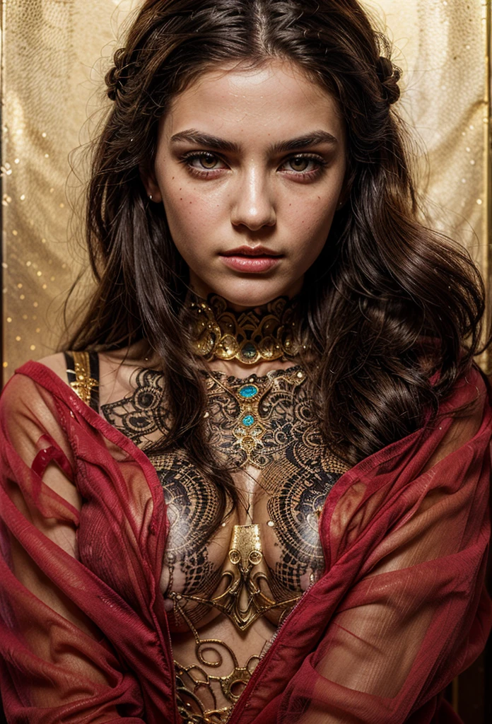 a young european woman, bright yellow shining eyes, small pupils, strong eyebrows, arrogant expression, black hair, black realistic tentacles slithering on the body, huge breasts, bare chest, topless, realistic bright pink nipples, wide see-through red fabrics on sides, hollow detailed intricate golden metallic accessories, visible skin underneath