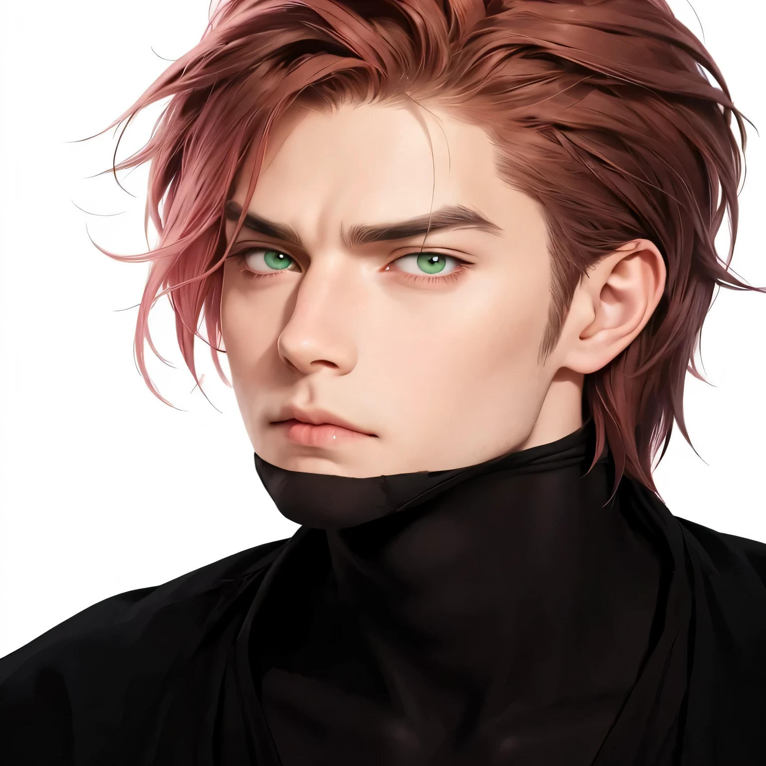 anime guy with pink stripe hair front, brown hair and green eyes staring at something, legendary ninja suit, male anime character, potrait, not happy face