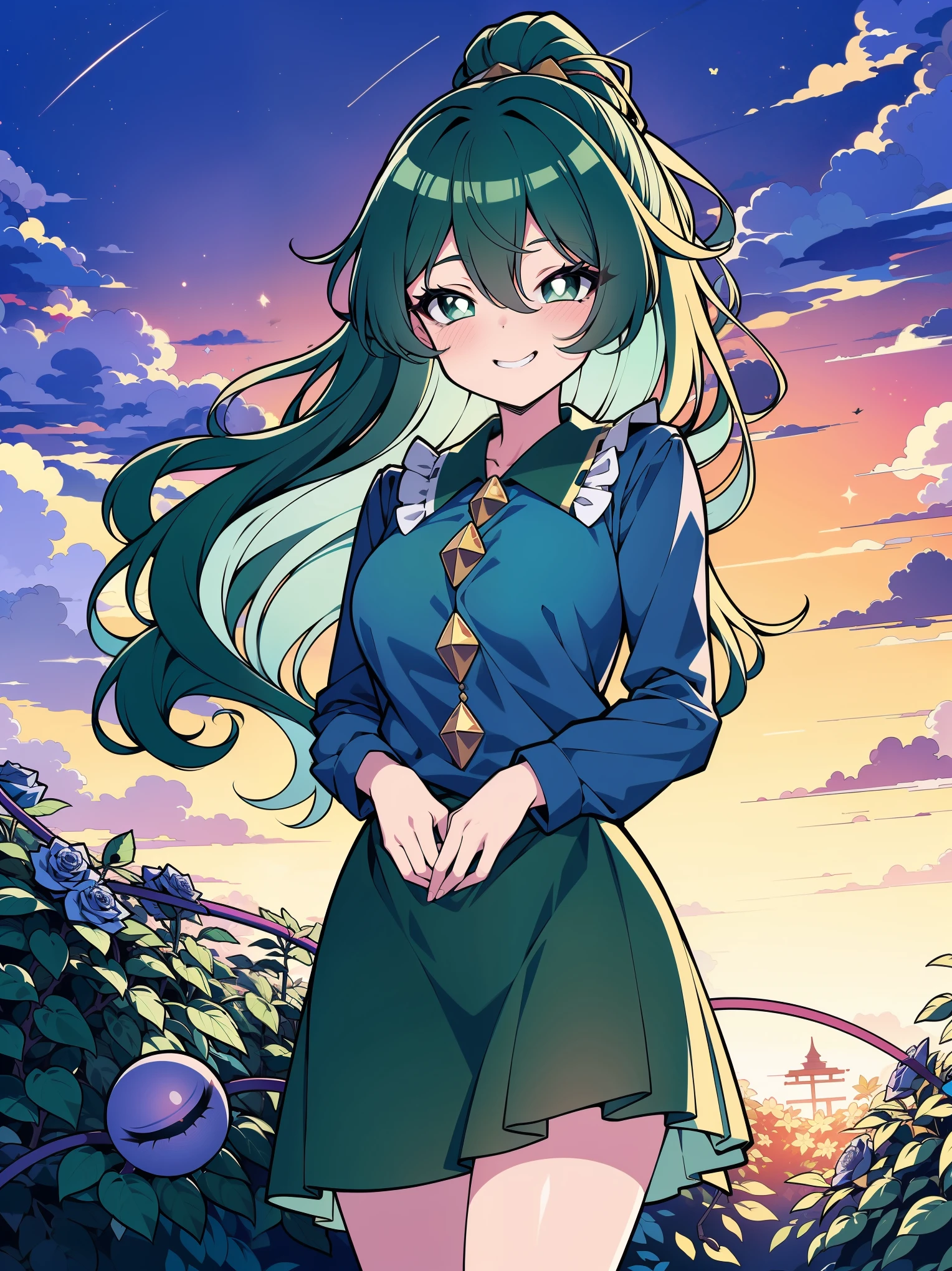 a cartoon picture of a woman with a green bandana and green scouter from dragonball, wearing no clothes, bunny ears, long wavy hair, saiyan girl