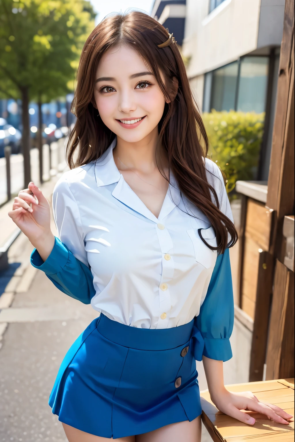 (8K, 超A high resolution, highest quality, table top:1.2),(18-year-old:1.2)、8K、Japanese girl raw portrait、Photoreal、超A high resolution、highest quality、good style、tied hair、small face、,(Japan sailor suit miniskirt)、(Absolute area)、(natural skin texture、fine skin、hyper realism、Super sharpness)、intricate details、Depth of the bounds written、Gravure idol pose、actress、Captivate your audience,smile happily、School