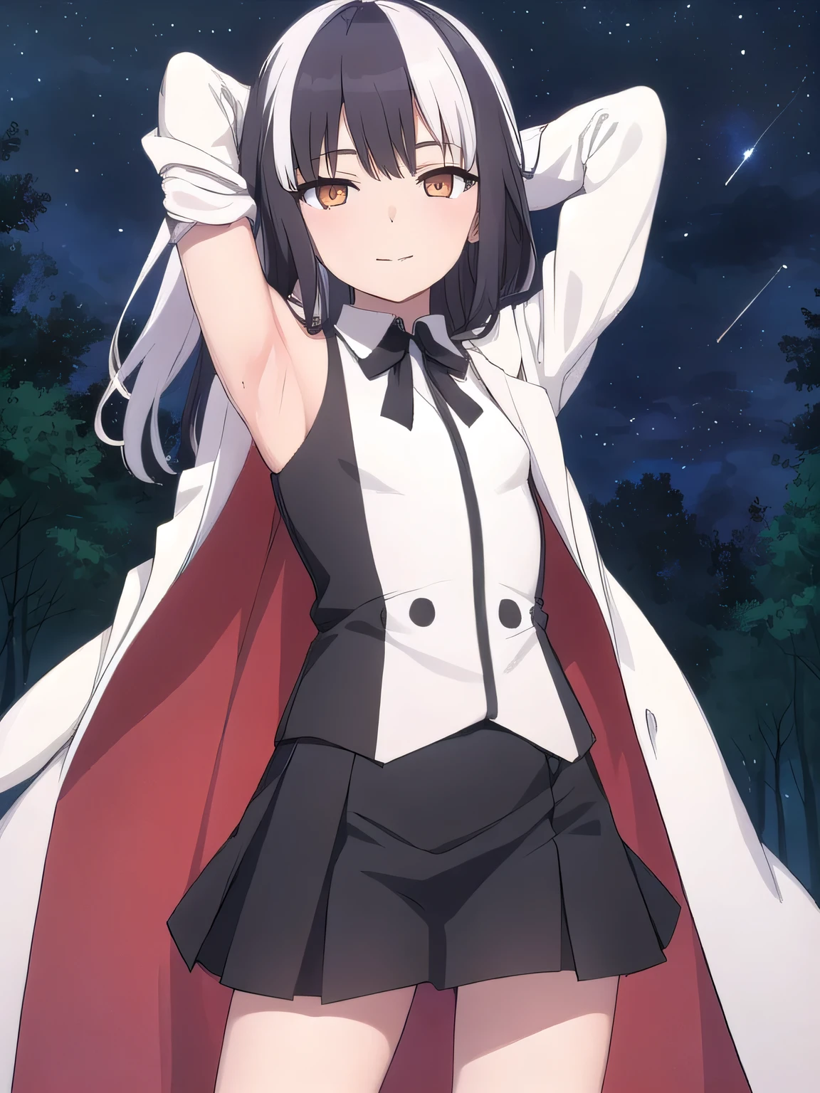 1girl, (solo), (best quality:1.3), (masterpiece, best quality), skirt, shirt, solo, cowboy shot, night sky, forest, arms behind head, contrapposto, spread armpits, smile, white labcoat, expressionless, closed mouth,