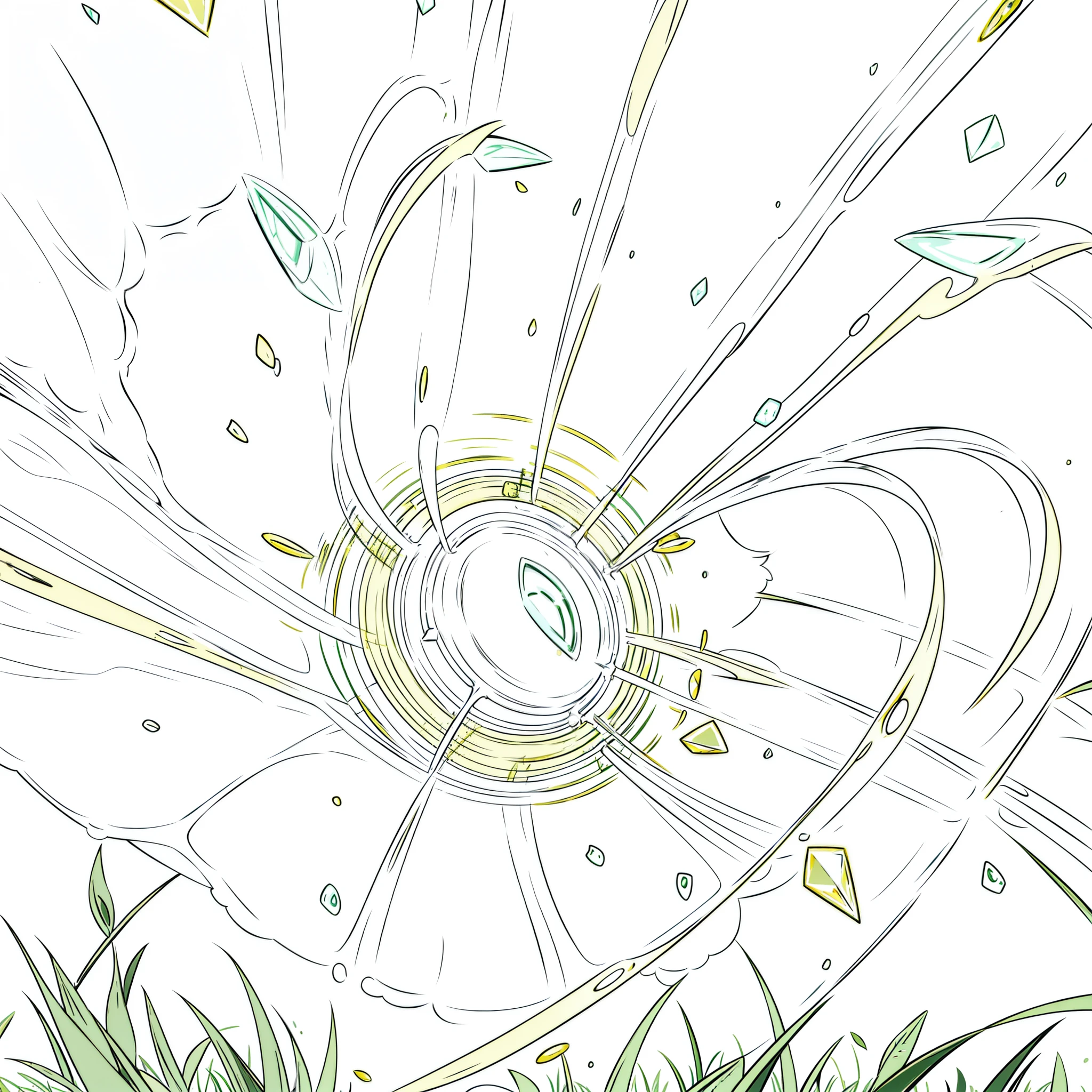 yellow jewel circularfallen in the grass, night, raining,(white background,line drawing)