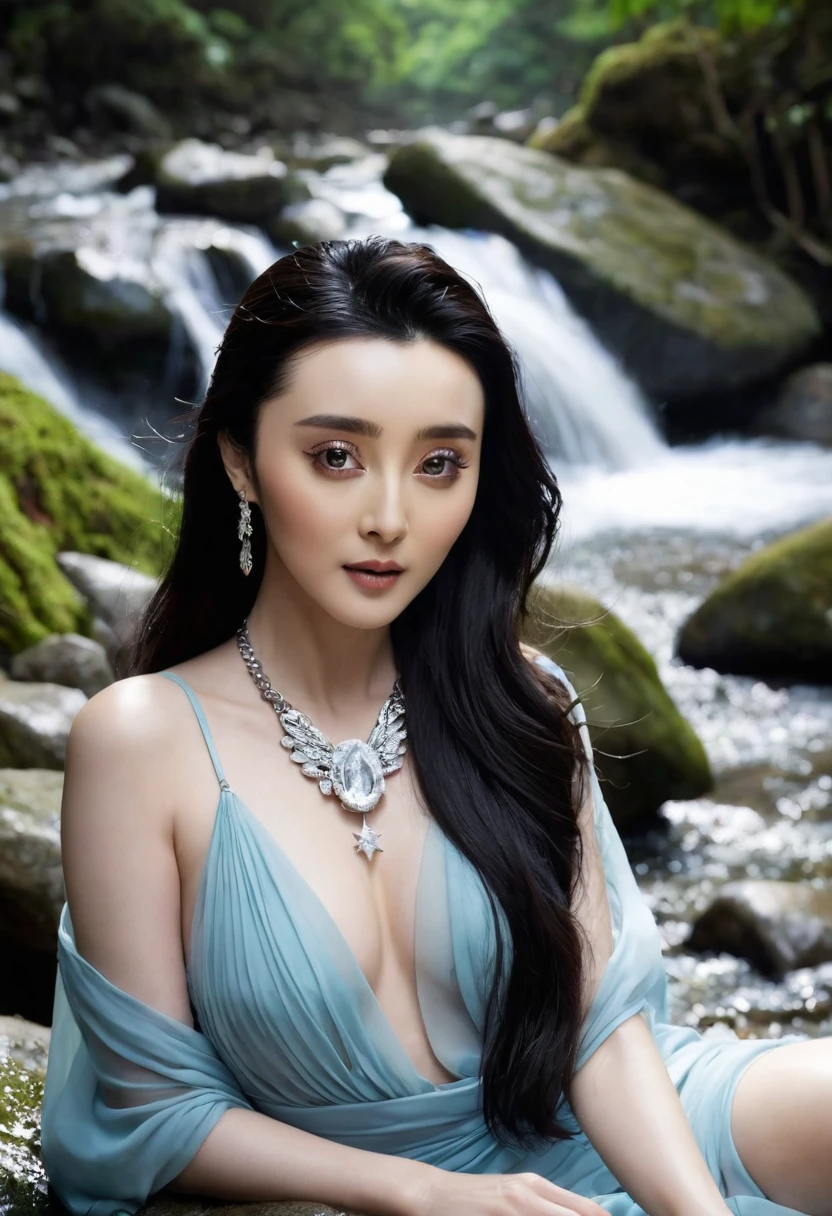 Fan Bingbing, Chinese star'ชุดสีชมพูซีทรูของนางwetโชกไปด้วยน้ำที่เผยให้เห็นขนของเธอ. See every part of the body inside. Add cuteness with a diamond necklace.,hoop earrings,bangle, long straight hair, posing with a rock, waterfall, forest, mountain, film light stream, Medium shot, full width, close up. ( Sleeping on the ground near the stream ) open legs, wet, open mouth, close up, The face turns to look at the viewer..
