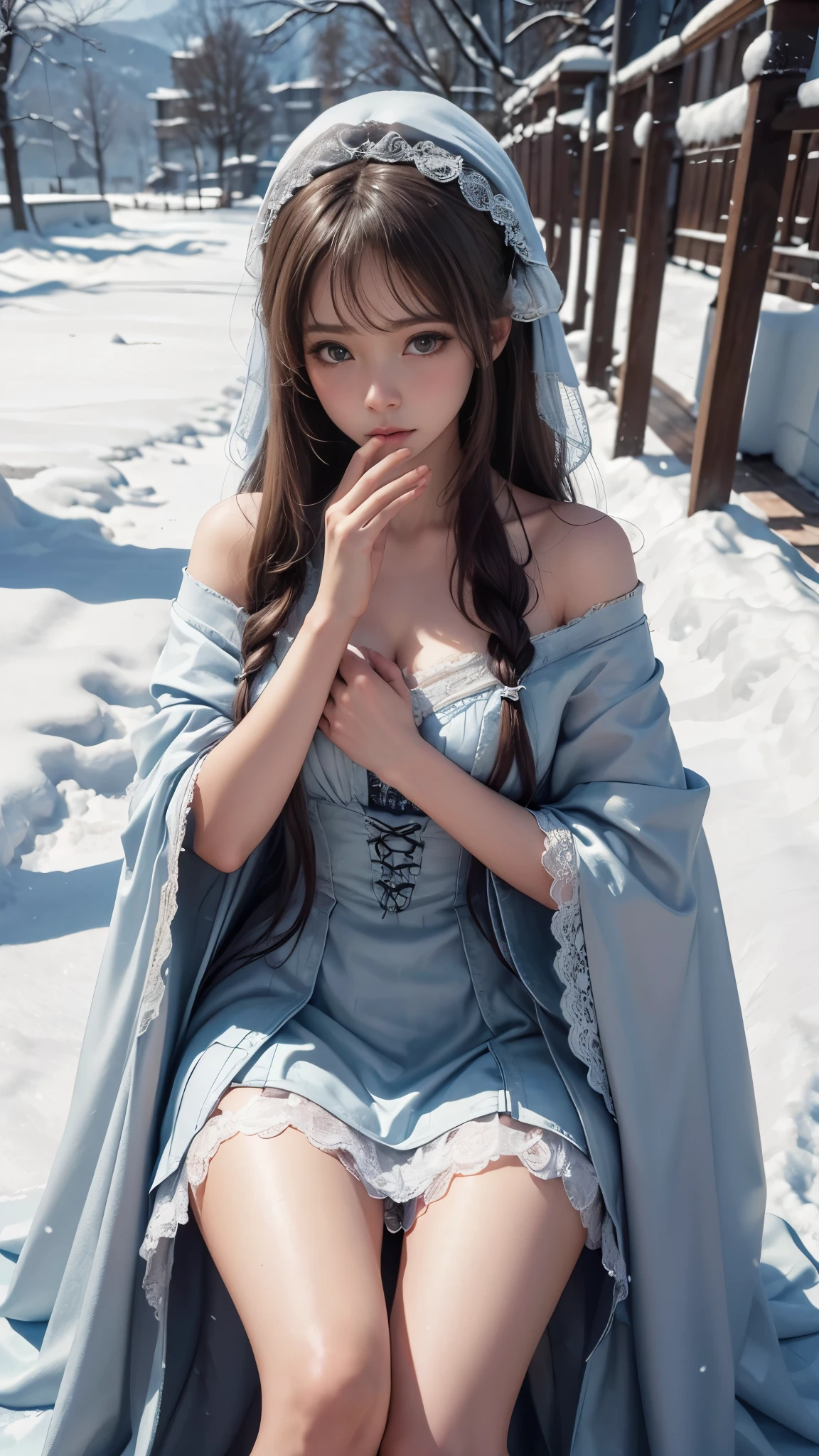 (8K,RAW photos, best qualtiy, tmasterpiece:1.2),(realisticlying, photograph realistic:1.4),Hide your face with sadness,
ta costume,Lace, Aerith Gainsborough, The upper part of the body,upper legs,Lace, undergarments,exposed bare shoulders, do lado de fora, (outside,Covered with snow,cloaks,) high high quality, Adobe Lightroom, highdetailskin, looking at viewert,
