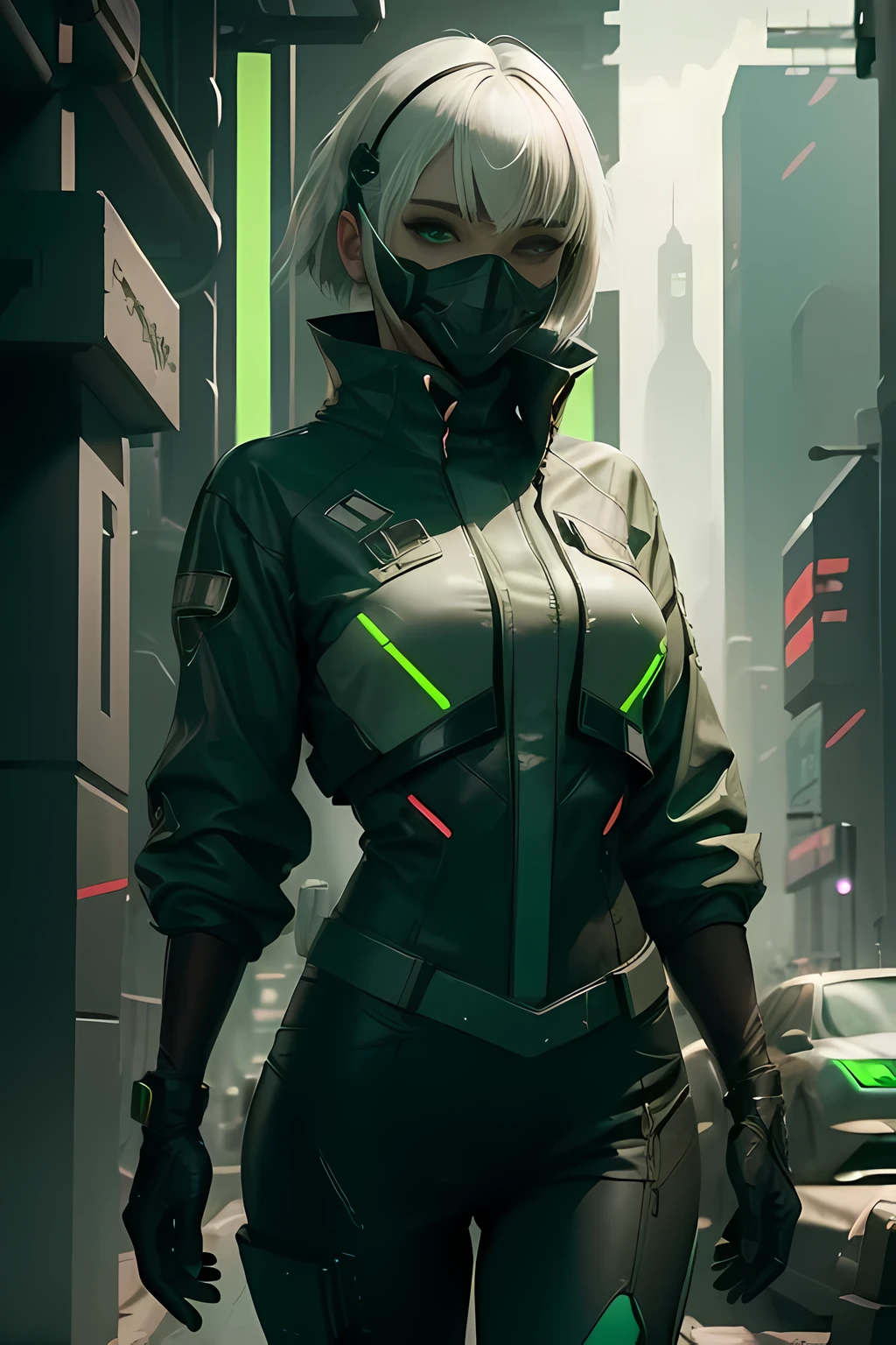 (best quality, high resolution),cyberpunk,white-haired female futuristic investigator,(((tech mask)))),futuristic full elegant black investigator uniform,rosto detalhado e bonito,(((green tones))),cowboy shot