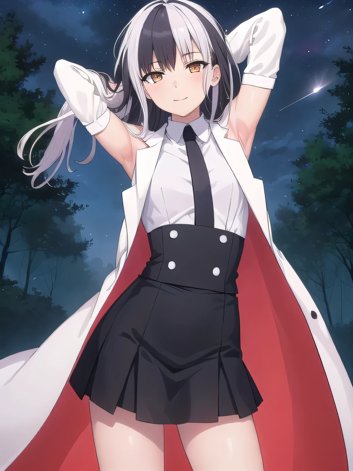 1girl, (solo), (best quality:1.3), (masterpiece, best quality), skirt, shirt, solo, cowboy shot, night sky, forest, arms behind head, contrapposto, spread armpits, smile, white labcoat, expressionless, closed mouth,