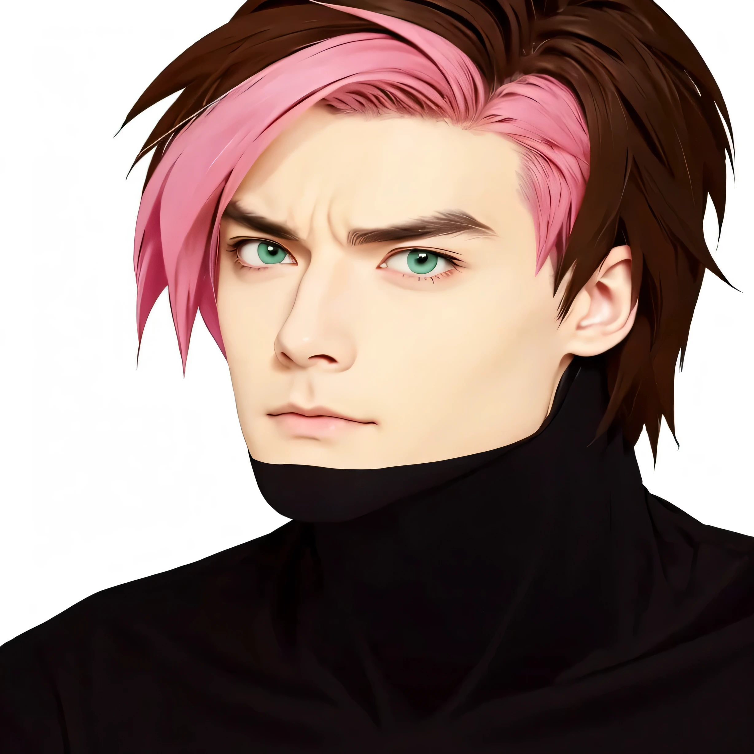 anime guy with pink stripe hair front, brown hair and green eyes staring at something, legendary ninja suit, male anime character, potrait, not happy face