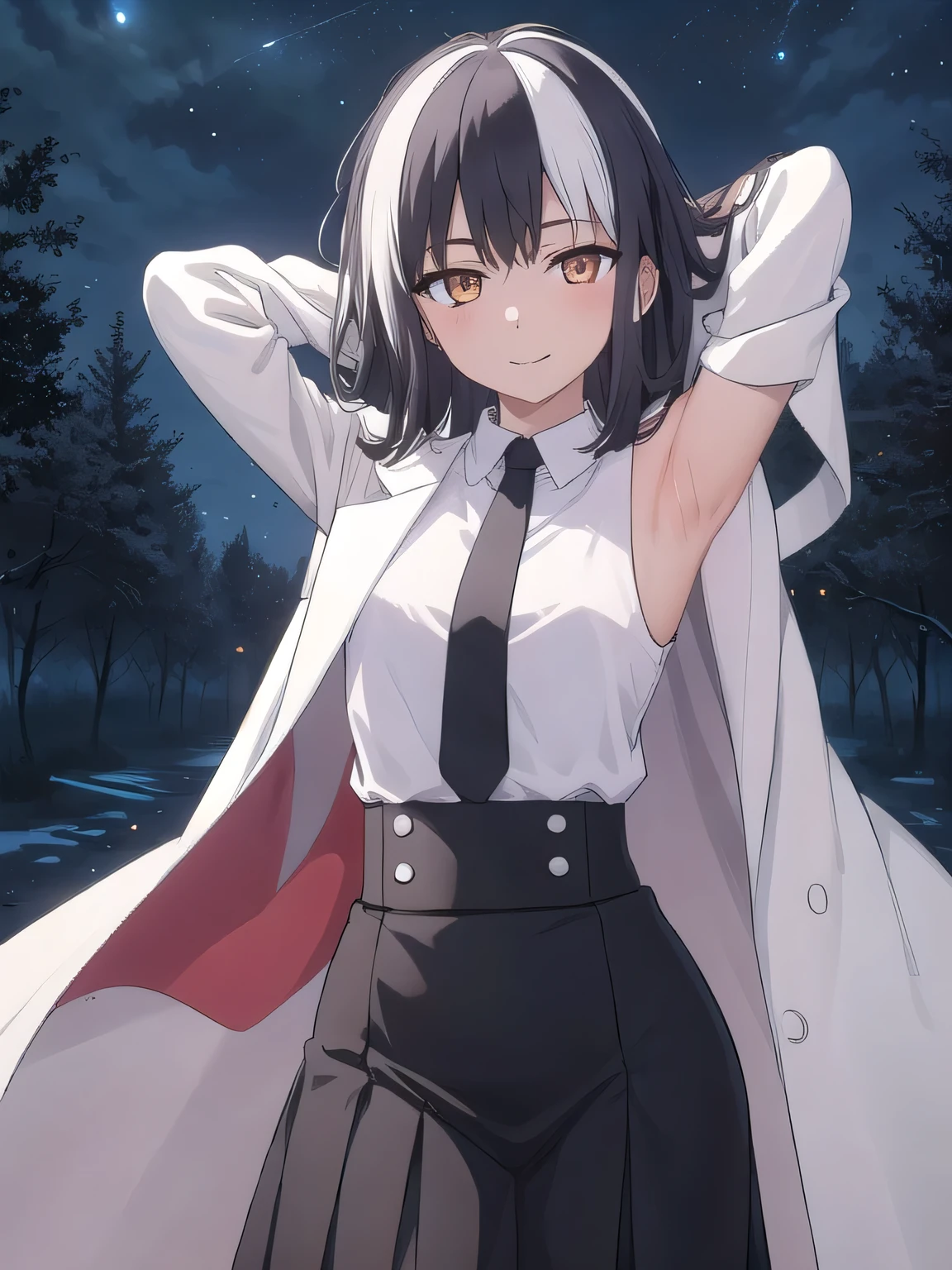 1girl, (solo), (best quality:1.3), (masterpiece, best quality), skirt, shirt, solo, cowboy shot, night sky, forest, arms behind head, contrapposto, spread armpits, smile, white labcoat, expressionless, closed mouth,