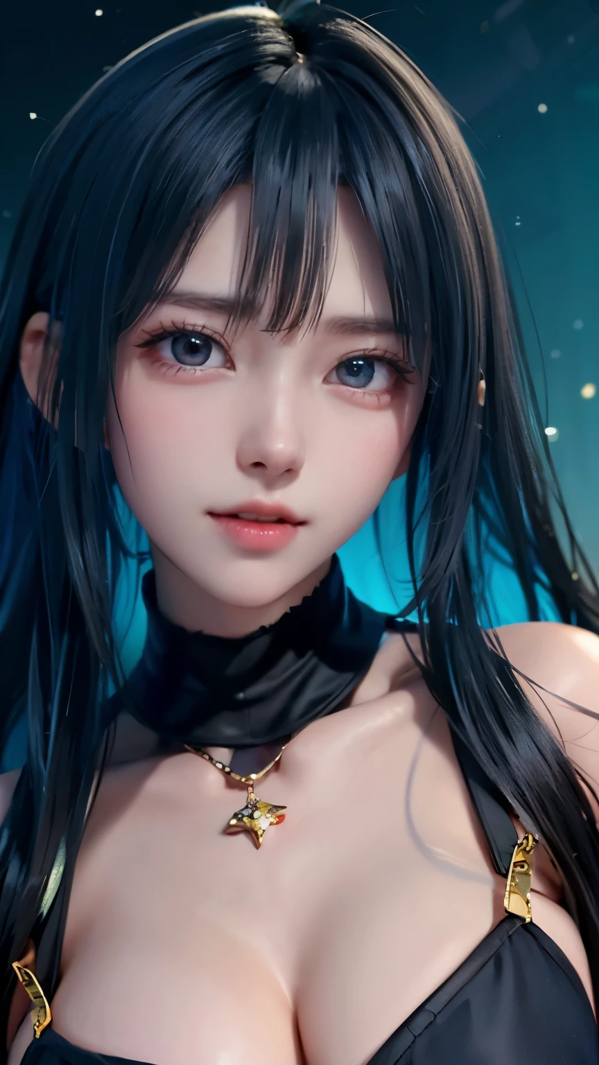 masterpiece, amazing girl, pretty girl, bust, high detail eyes, perfect eyes, portrait, high detail face, same eyes, glare, Rainbow-colored, global illumination, soft light, dream light, digital painting, 8K close-up, fantasy, night sky, performer, nebula, White crystals, moonlight, tranquility, summer, (8K:1.1)