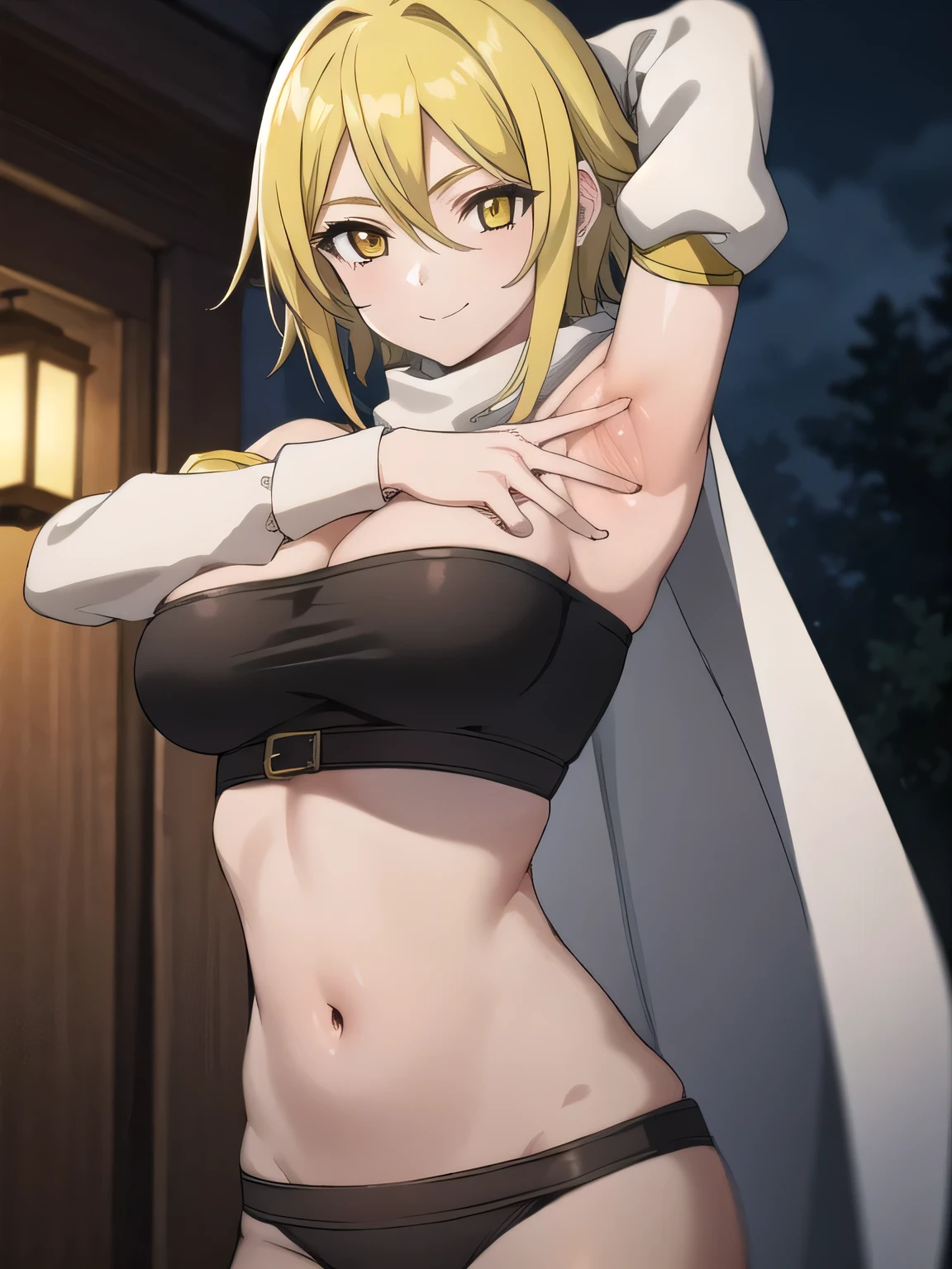 agkleone, leone, blonde hair, (yellow eyes:1.3), (swept bangs:1.5), sidelocks, short hair,
BREAK scarf, white scarf, crop top, detached sleeves, bare shoulders, belt, 1girl, navel, cleavage, underwear, panties, midriff, black panties,
smile, solo, night sky, forest, arms behind head, contrapposto, spread armpits, closed mouth,
BREAK looking at viewer, upper body,
BREAK (masterpiece:1.2), best quality, high resolution, unity 8k wallpaper, (illustration:0.8), (beautiful detailed eyes:1.6), extremely detailed face, perfect lighting, extremely detailed CG, (perfect hands, perfect anatomy),