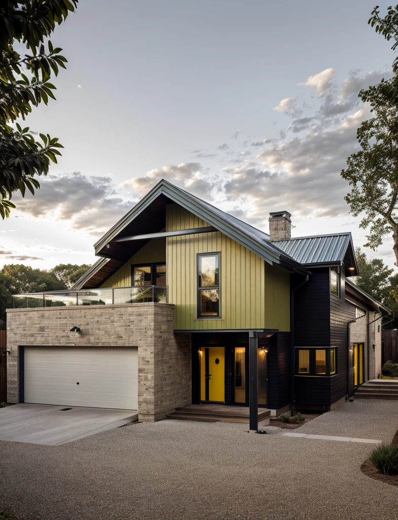 house exterior industry style, dark yellow and green color scheme, like an oldtime industry factory,raw materials, exposed structural elements, and simple, clean lines,rough-hewn steel, polished concrete, glass, and exposured brick,