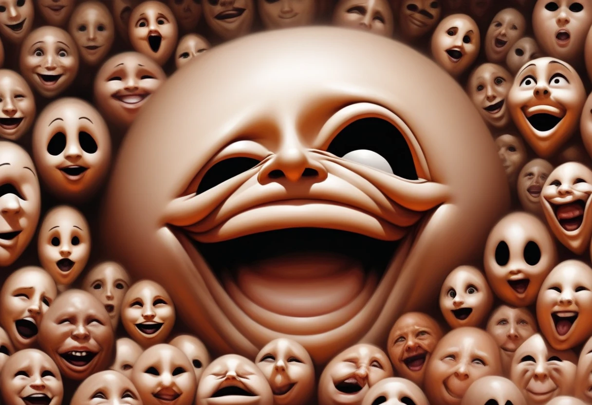 hyperrealism, visually hilarious, cohesive, intense convey overwhelming joy, distorted contorted proportions face of surprise random person that is so spooky, skewed, misshapen, and intense it enters into the realm of meme worthy hilarity, wide large smile, spontaneity, silliness, unhinged joyous, utterly, terrifyingly unhinged, too real, overjoyed, containing laughter