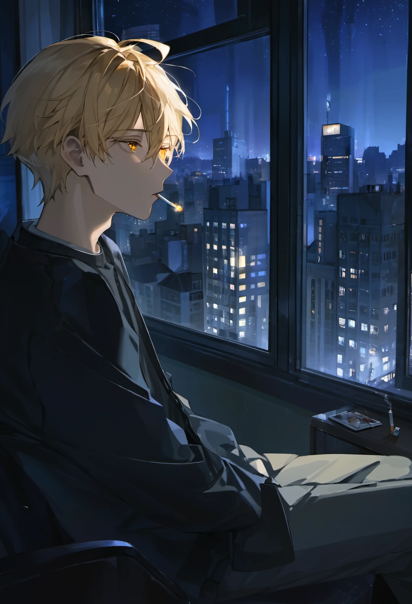 Blonde haired boy smoking a cigarette, sitting, city, windows, room, night, close up