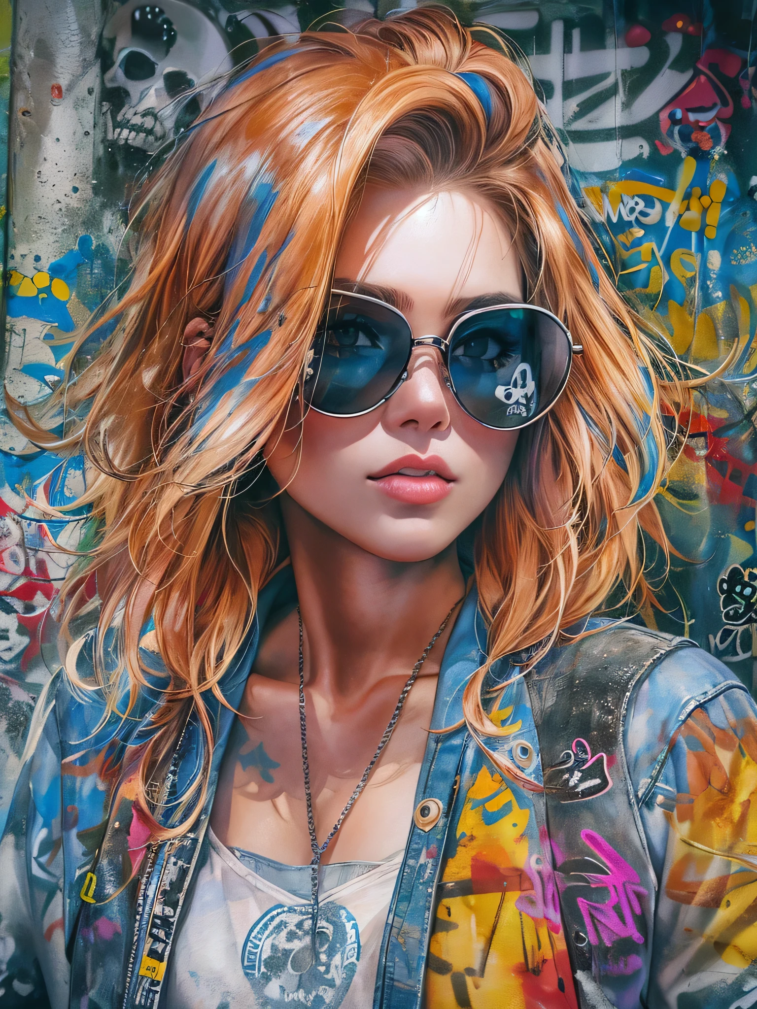 8K quality, watercolor painting, stylish figure, (((The strongest beautiful girl of all time))), gal, Stylish sunglasses, Fashionable hats, (((highest quality))), bob hair, Place your hands on the wall, HDR, Detailed details, skull fashion, detailed clothing texture, (((graffiti art))), colorful hair, ((masterpiece))、((Super detailed))