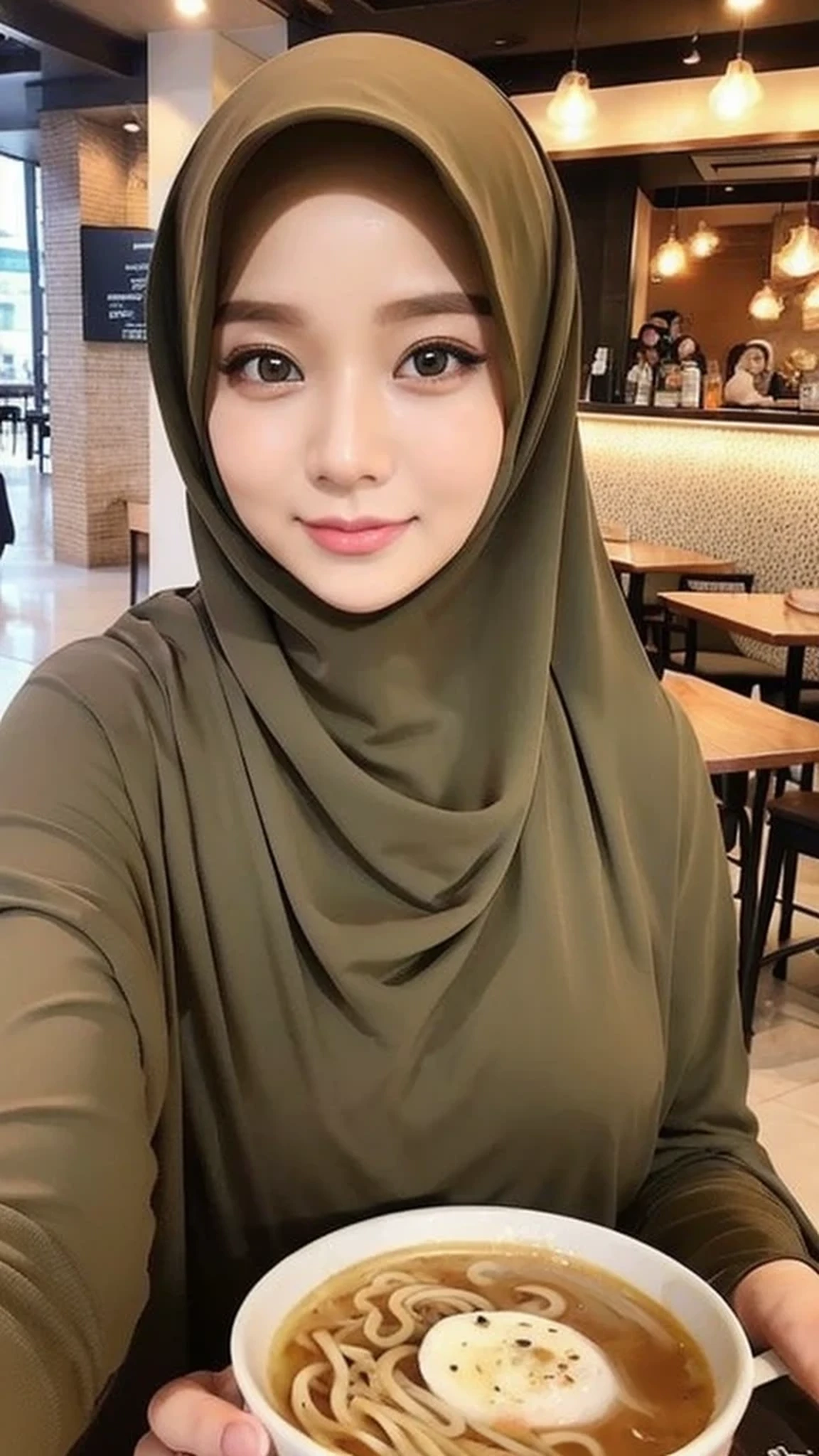 Beautuful Women、hijab, indonesian, realistic, cafe, ramen、selfee、The face is cute、Vanrak Ayyans appears. beautiful、alone