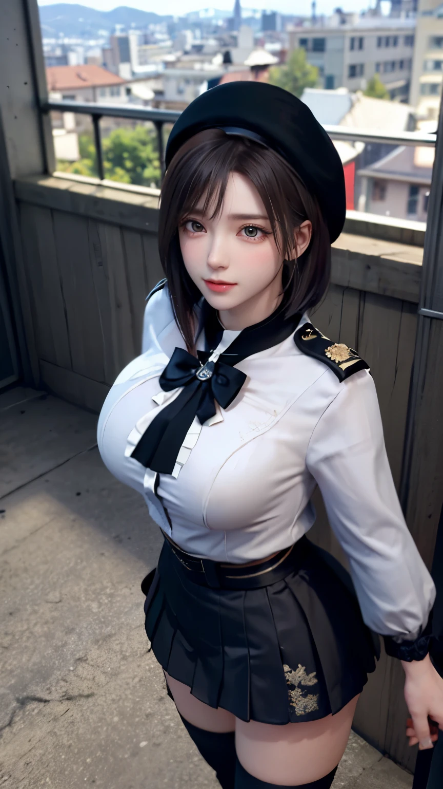 (very delicate and beautiful:1.2)super model,perfect shape,girl's,,Thighhighs,beautiful feet,beret,gentle expression,spoiled look,Innocent face,ミニskirt,big breasts,beautiful breasts,voluptuous,bike shorts,,givenchy,masterpiece, highest quality, High resolution, 8K, , skirt, uniform, short hair, messy hair, blush, sexy pose, big breasts, seductive pose, sweating,, sweating, cityscape, vivid details, super detail, realistic skin texture, Surface details, Beautiful eyes in every detail, medium full shot, Girl holding a sword,flame background,