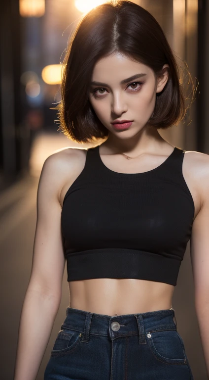 ((Realistic lighting, Best quality, 8K, Masterpiece: 1.3)), Focus: 1.2, 1girl, Perfect Beauty: 1.4, Slim Abs: 1.1, ((Dark brown hair)), (Black crop top: 1.4), (Outdoor, Night: 1.1), City streets, Super fine face, Fine eyes, Double eyelids,