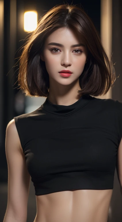 ((Realistic lighting, Best quality, 8K, Masterpiece: 1.3)), Focus: 1.2, 1girl, Perfect Beauty: 1.4, Slim Abs: 1.1, ((Dark brown hair)), (Black crop top: 1.4), (Outdoor, Night: 1.1), City streets, Super fine face, Fine eyes, Double eyelids,