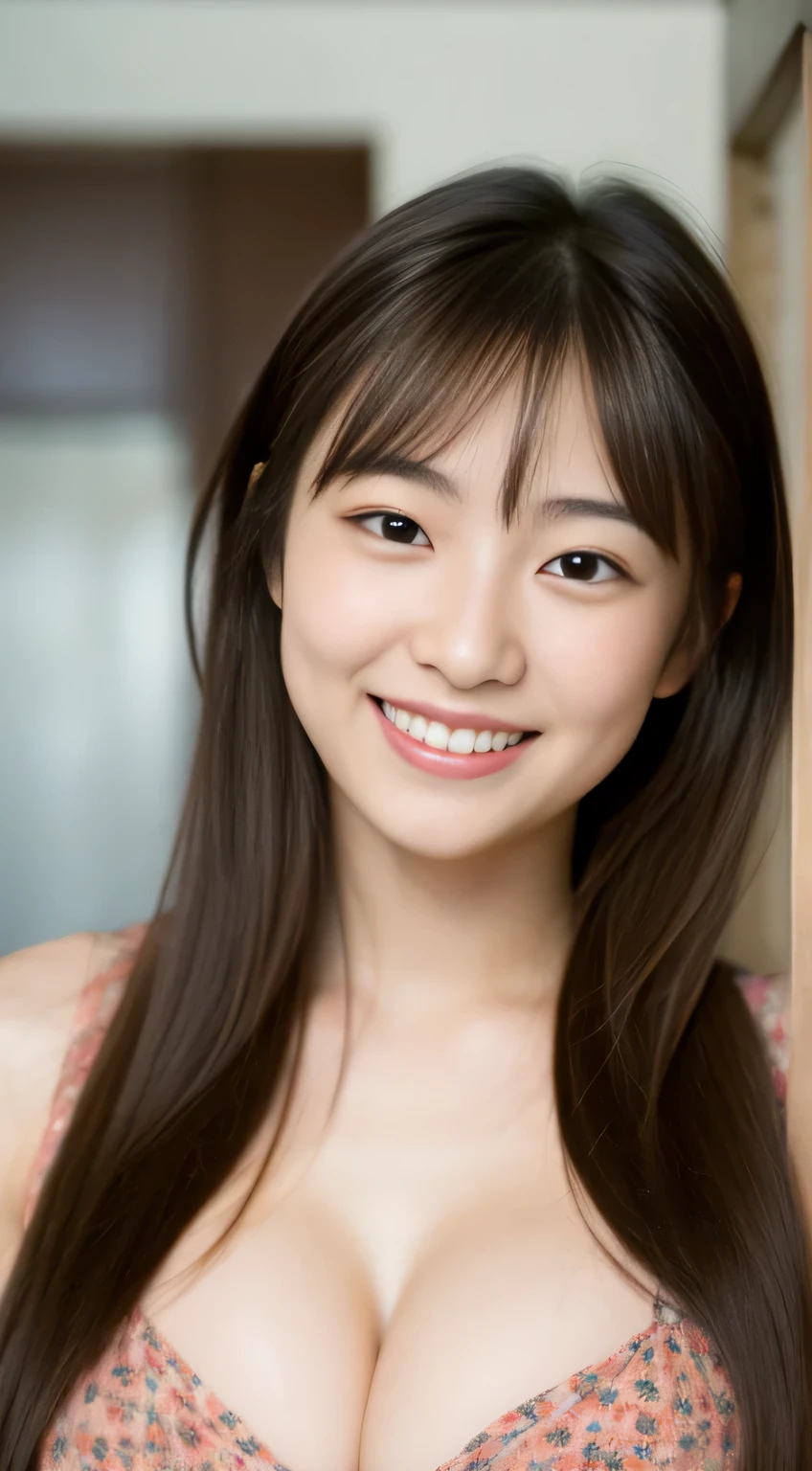 masterpiece,best quality,(Japanese ),((Beautiful girl)),cleavage,indoor,(perfect body beauty:1.2),(shy smile),beautiful teeth,