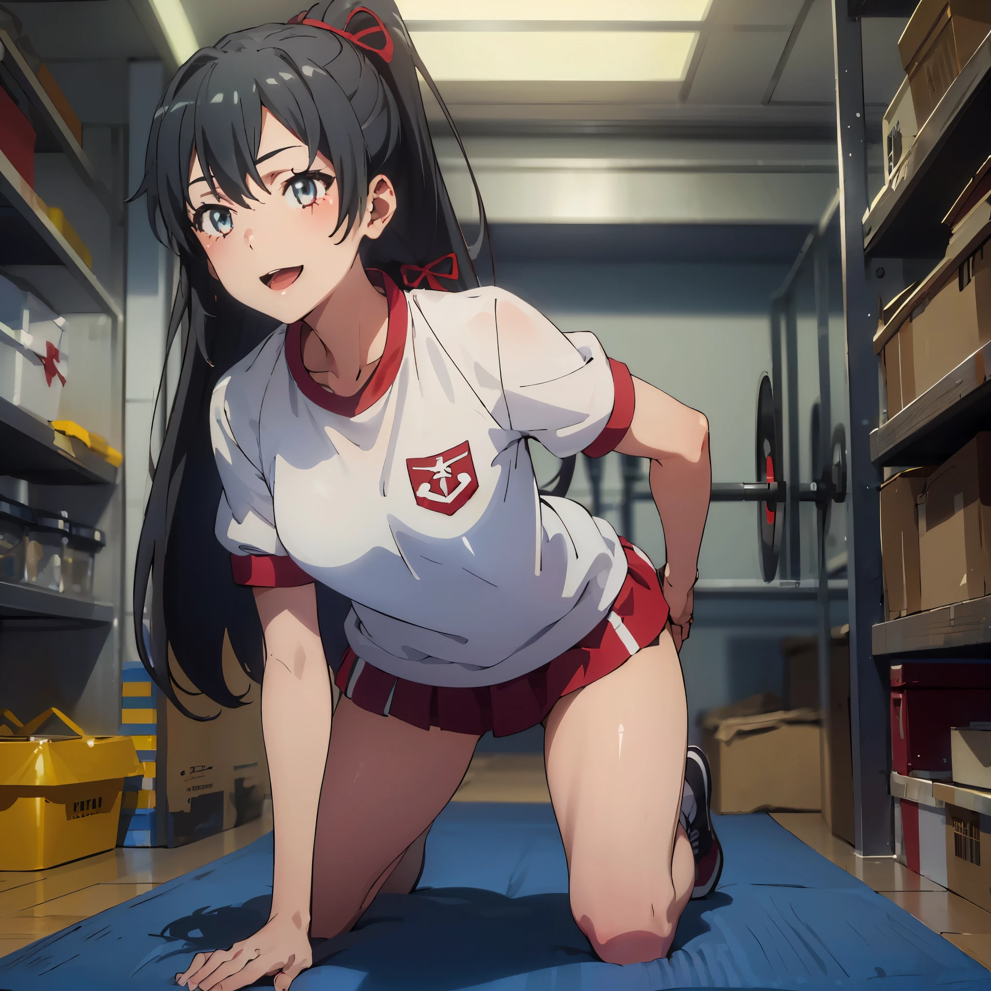 (masterpiece:1.2), (best quality:1.2), (extremely detailed:1.2)(ultra detailed), (1girl:1.4), hair_ponytail ribbon,Black hair, eyes blue, long hair, smile , Yukinoshita Yukino ,red buruma, red gym uniform, gym storeroom, pov, sex, penis
 