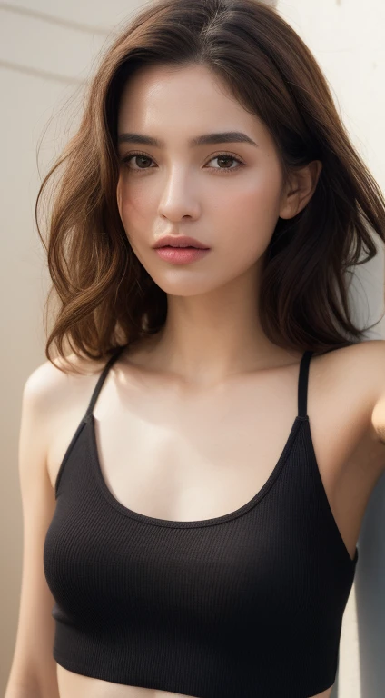 ((Realistic lighting, Best quality, 8K, Masterpiece: 1.3)), Focus: 1.2, 1girl, Perfect Beauty: 1.4, Slim Abs: 1.1, ((Dark brown hair)), (Black crop top: 1.4), (Outdoor, Night: 1.1), City streets, Super fine face, Fine eyes, Double eyelids,gaze looking beyond,red blush,Strong sunshine,delicate and messy hair,realistic skin textures, Pronounced pores and skin wrinkles,((strong light shines on the face)), The upper part of the body, naked portrait, nude photography, detailed armpit, pussy pubic hair, shiny nipple