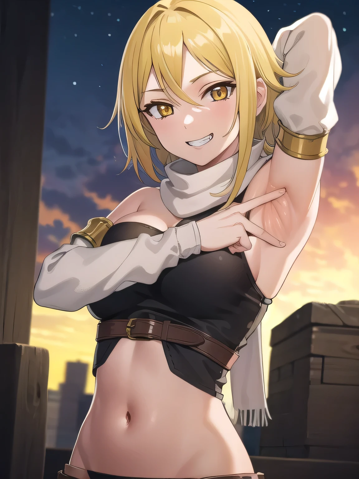 agkleone, leone, blonde hair, (yellow eyes:1.3), (swept bangs:1.5), sidelocks, short hair,
BREAK scarf, white scarf, crop top, detached sleeves, bare shoulders, belt, 1girl, navel, cleavage, underwear, panties, midriff, black panties,
smile, solo, night sky, forest, arms behind head, contrapposto, spread armpits, grin,
BREAK looking at viewer, upper body,
BREAK (masterpiece:1.2), best quality, high resolution, unity 8k wallpaper, (illustration:0.8), (beautiful detailed eyes:1.6), extremely detailed face, perfect lighting, extremely detailed CG, (perfect hands, perfect anatomy),