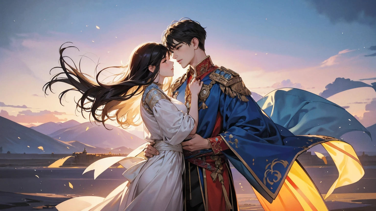 An intimate encounter between a man and a woman unfolds in a heartwarming and enchanting scene.。The stage is、The steppes of medieval Central Asia。The banks of the Ili River sparkling in sunlight。Fantastic and majestic continental scenery。Ethnic、Creates a romantic atmosphere。 They stand facing each other,。their heights are different from each other。 emphasizes their unique physical characteristics。 That man is his height,Has dark hair that frames his striking face。The man is the crown prince of the Turku nomadic empire in the steppes.。The man was wearing an ultramarine costume.、It is decorated with intricate golden embroidery.。Women are ordinary people of the Taklamakan Desert oasis, wearing Uighur national dress.。The woman is delicate and .。Her flowing, light-colored hair shows off her radiant beauty.。Their lips meet in a passionate kiss。 their pure love、Emphasis is placed on transcending class and culture.。 This magical moment captures the essence of their love。Evokes a sense of sweetness and seduction。symbolism、Impressionism、romantic、Persian miniature、The Romance of the Silk Road、Reminiscent of the style of Alma Tadema and Gustave Moreau、delicate、beautiful、It has an exotic, luxurious and profound charm.。digital art。