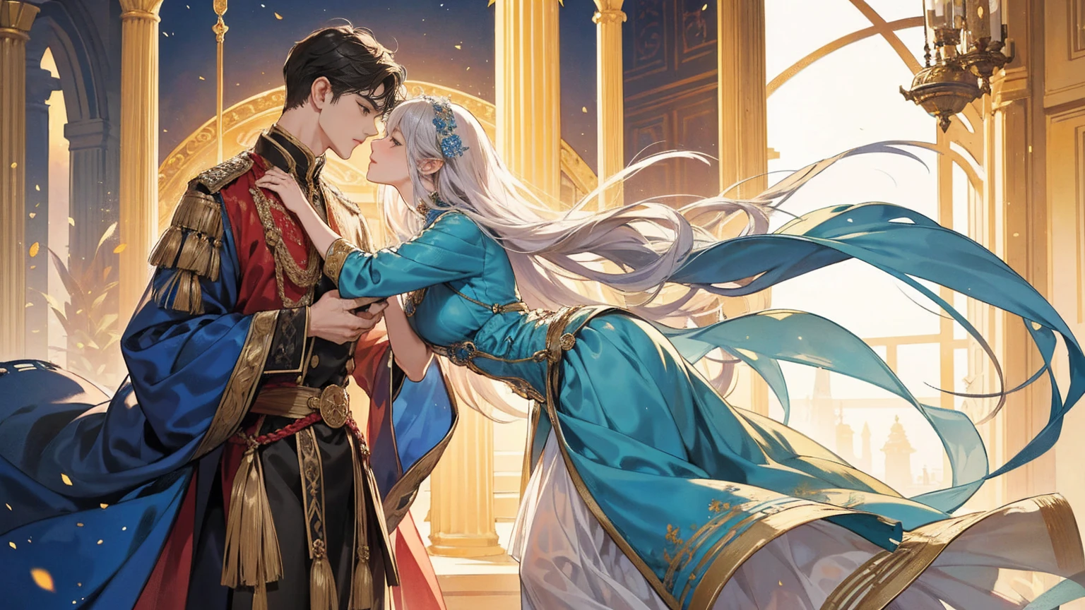An intimate encounter between a man and a woman unfolds in a heartwarming and enchanting scene.。The stage is、The steppes of medieval Central Asia。The banks of the Ili River sparkling in sunlight。Fantastic and majestic continental scenery。Ethnic、Creates a romantic atmosphere。 They stand facing each other,。their heights are different from each other。 emphasizes their unique physical characteristics。 That man is his height,Has dark hair that frames his striking face。The man is the crown prince of the Turku nomadic empire in the steppes.。The man was wearing an ultramarine costume.、It is decorated with intricate golden embroidery.。Women are ordinary people of the Taklamakan Desert oasis, wearing Uighur national dress.。The woman is delicate and .。Her flowing, light-colored hair shows off her radiant beauty.。Their lips meet in a passionate kiss。 their pure love、Emphasis is placed on transcending class and culture.。 This magical moment captures the essence of their love。Evokes a sense of sweetness and seduction。symbolism、Impressionism、romantic、Persian miniature、The Romance of the Silk Road、Reminiscent of the style of Alma Tadema and Gustave Moreau、delicate、beautiful、It has an exotic, luxurious and profound charm.。digital art。