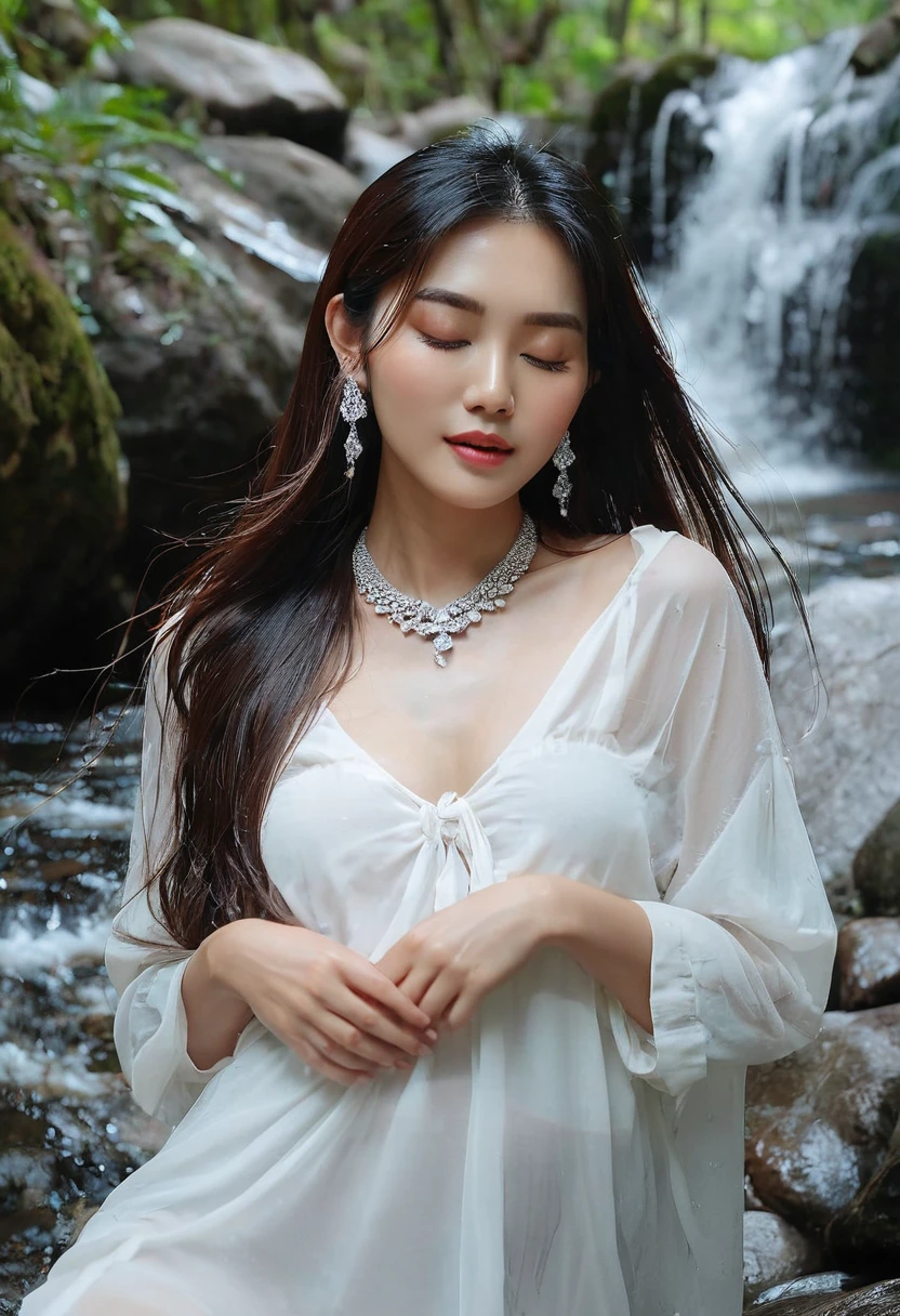 ;ชุดสีชมพูซีทรูของนางwetโชกไปด้วยน้ำที่เผยให้เห็นขนของเธอ. See every part of the body inside. Add cuteness with a diamond necklace.,hoop earrings,bangle, long straight hair, posing with a rock, waterfall, forest, mountain, film light stream, Medium shot, full width, close up. ( Sleeping on the ground near the stream ) open legs, wet, open mouth, close up, The face turns to look at the viewer..