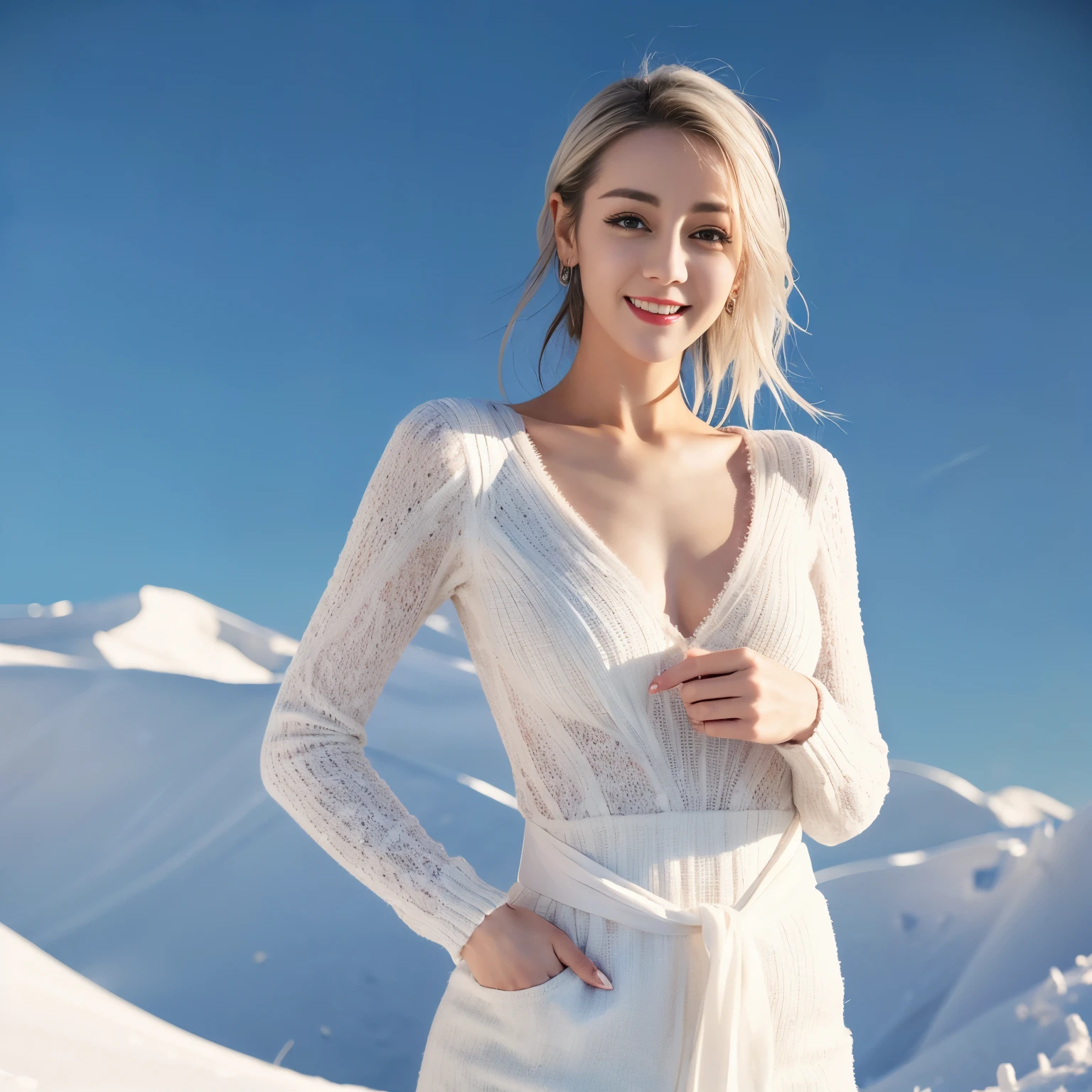 ((top quality、8k、Masterpiece:1.3))、Extremely delicate and beautiful girl,full-body shot,huge breasts,bigger breasts,amazing breast size,G cup,Half of the breasts are exposed。Wear big earrings,Very white skin,moist red lips,Waist is very thin,Thighs are very thin,big butt,fair and smooth skin,Smooth and fair skin,flawless skin,Fair and shiny skin,cold white skin,The camera focuses on the chest,Bright light,white sweater,Lower body exposed,white hair,White hair,heavy snow,snow mountain,sunset,lake,sweet smile,mouth slightly open