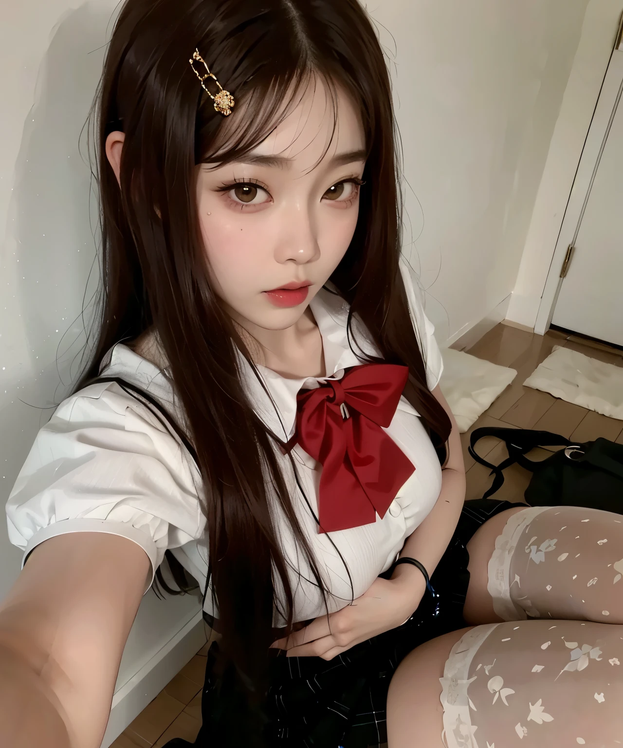 There is a woman who is sitting with a bow tie, ulzzang, muchacha coreana, con cabello largo and piercing eyes, sakimichan, pale korean adorable face, cruel korean gothic girl, hermosa joven coreana, chica anime en la vida real, hermosa mujer surcoreana, Jaeyeon Nam, joven y adorable rostro coreano, con cabello largo, con coletas negras