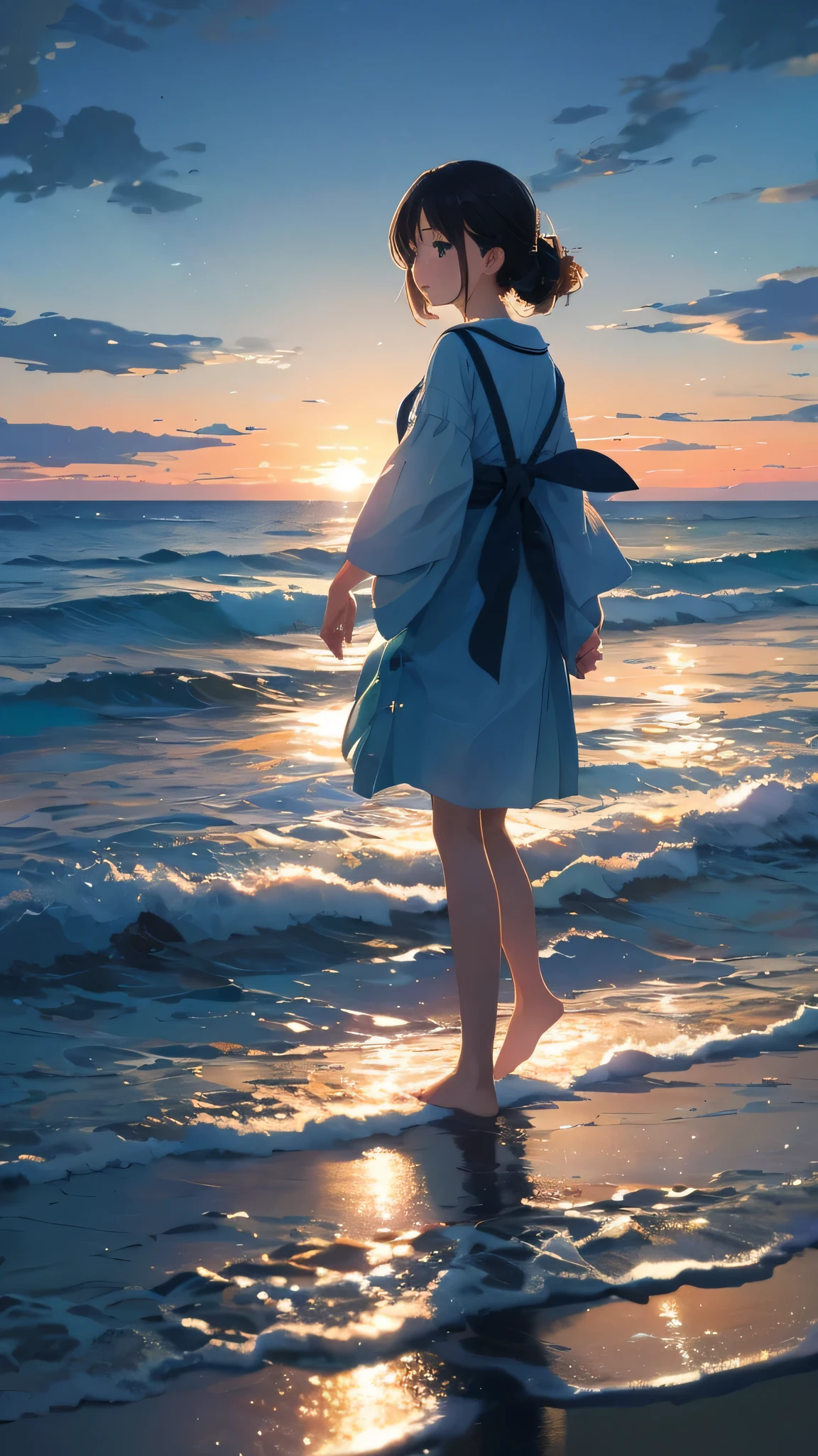 (Close-up:1.4)、(RAW photo:1.2)、(photorealistic:1.4)、(masterpiece:1.3)、(highest quality:1.4)、young japanese woman、(night scenery:1.2)、thin clothes、girl、Put one foot in the sea、standing on tiptoe、cute girl、Landscape、Between the horizon and the sea、view from the side、Ripples spreading from the toes、Standing about 20 meters away、on the sea、beach、The whole scene shineeteors、illumination、
