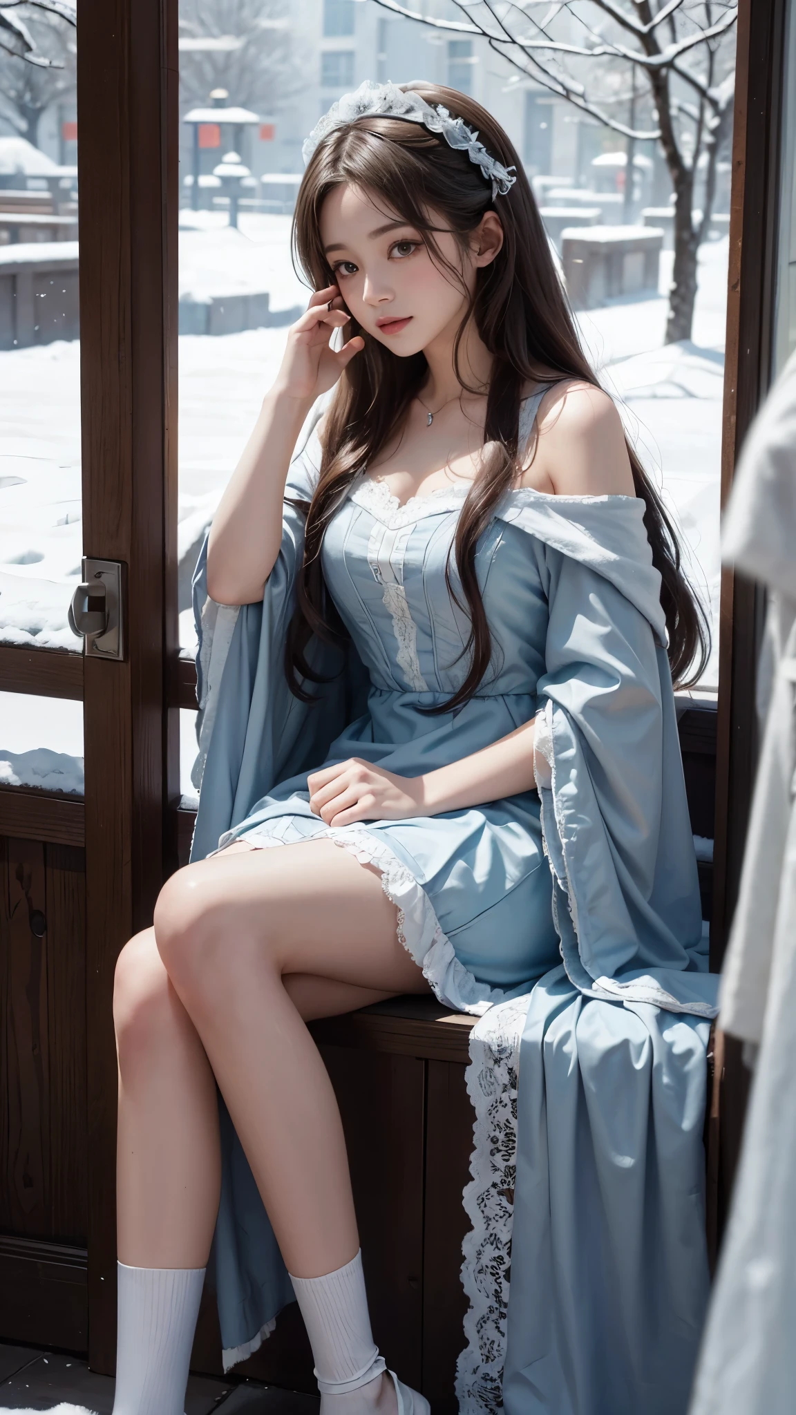(8K,RAW photos, best qualtiy, tmasterpiece:1.2),(realisticlying, photograph realistic:1.4),Hide your face with sadness,
Lolita costume,Lace, Aerith Gainsborough, The upper part of the body,upper legs,Lace, undergarments,exposed bare shoulders, do lado de fora, (outside,Covered with snow,cloaks,) high high quality, Adobe Lightroom, highdetailskin, looking at viewert,