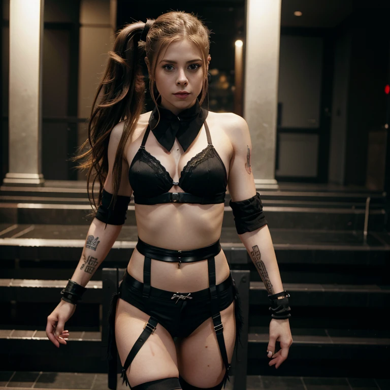 Avril Lavigne with ponytail hair dressed in black garter belt