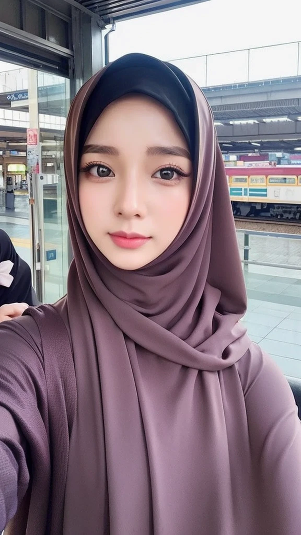 Beautuful Women、hijab, indonesian, realistic, train station、selfee、The face is cute、Vanrak Ayyans appears. beautiful、alone