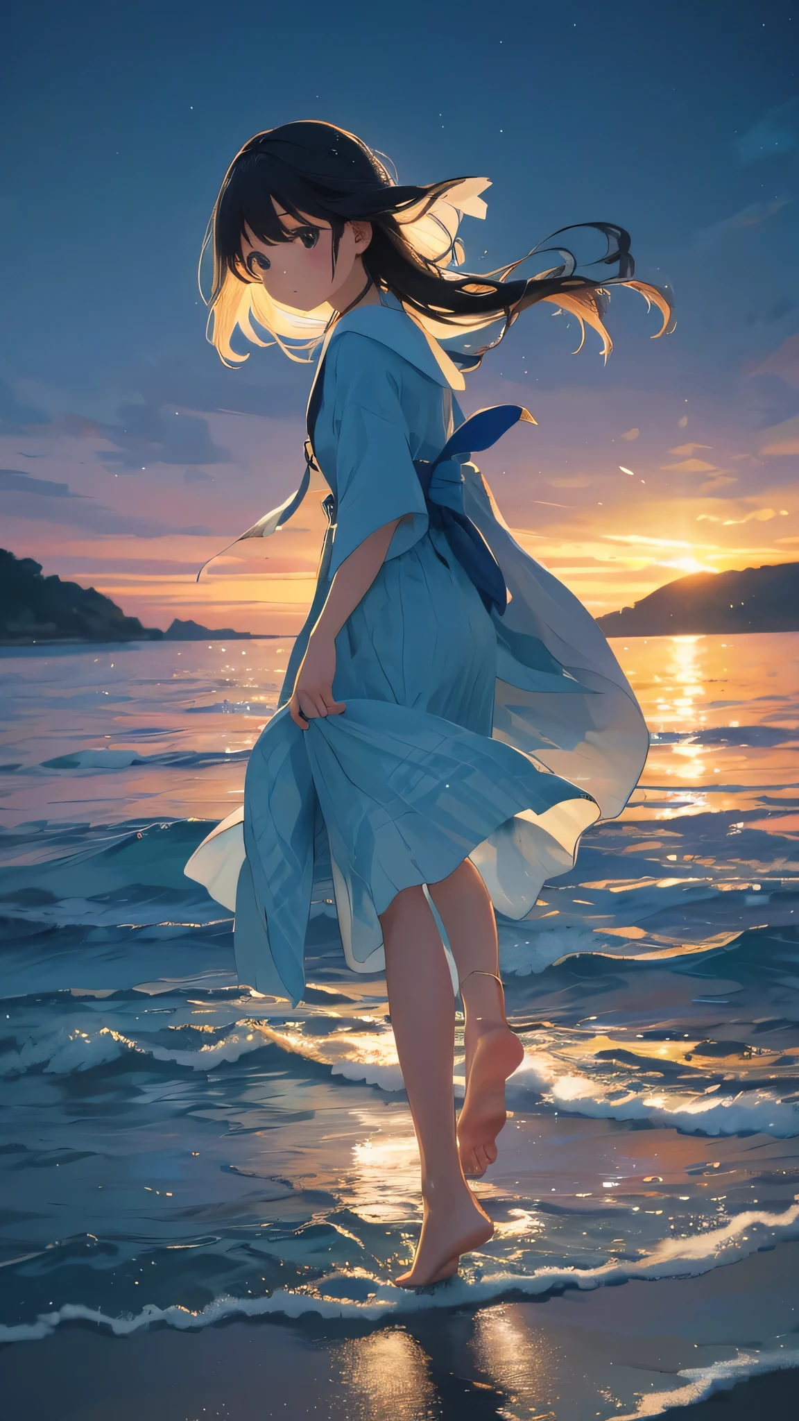 A girl walking on the beach at sunset with her hair blowing in the wind ...