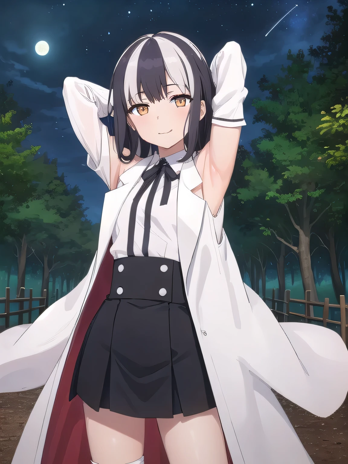 1girl, (solo), (best quality:1.3), (masterpiece, best quality), skirt, shirt, solo, cowboy shot, night sky, forest, arms behind head, contrapposto, spread armpits, smile, white labcoat, expressionless, closed mouth,