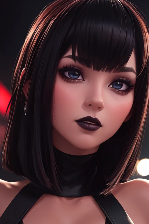 cuerpo completo, ojos morados, desnudos (maquillaje oscuro), collar, aretes (dark lipstick), divididos  labios, sharp focus, enfoque en la cara, incredibly sharp details, extremadamente detallado (pechos gigantes en cuadro: 1.1), 4K HQ, 8K, profundidad de campo, f/1.2, leica, 8K HDR, alto contraste, alto retoque, sombras  , bokeh, award-winning photography, best photographers.