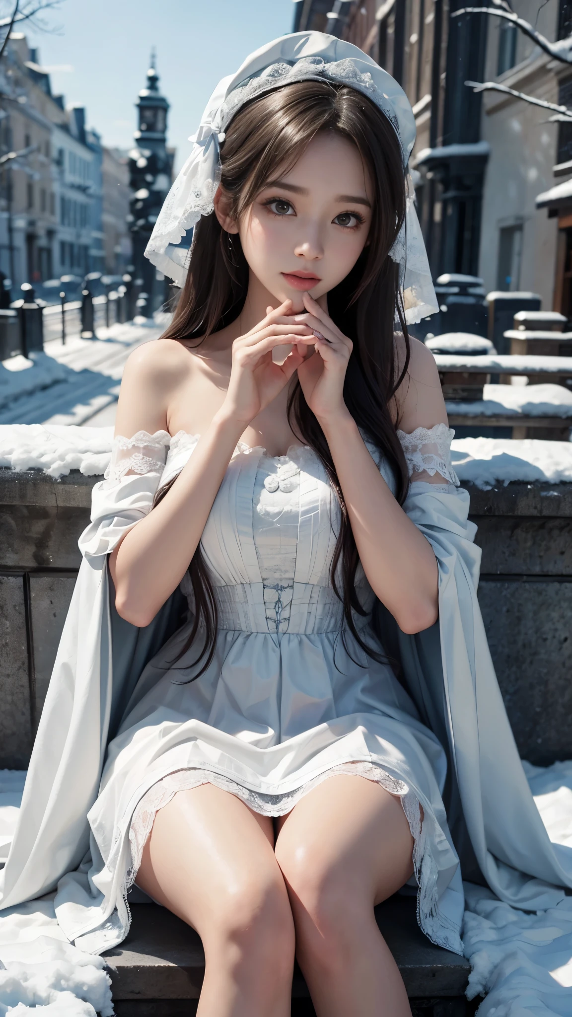 (8K,RAW photos, best qualtiy, tmasterpiece:1.2),(realisticlying, photograph realistic:1.4),Hide your face with sadness,
Lolita costume,Lace, Aerith Gainsborough, The upper part of the body,upper legs,Lace, undergarments,exposed bare shoulders, do lado de fora, (outside,Covered with snow,cloaks,) high high quality, Adobe Lightroom, highdetailskin, looking at viewert,