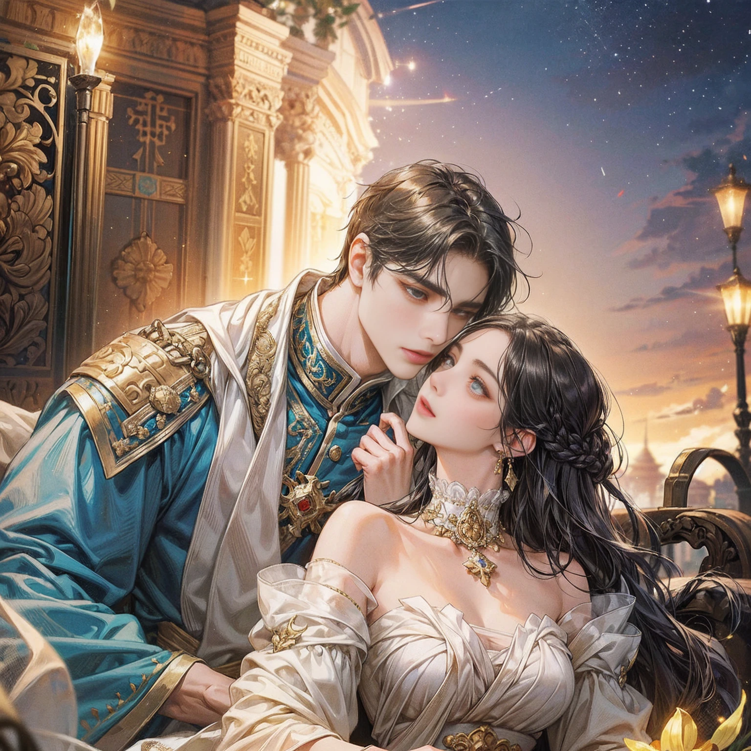An intimate encounter between a man and a woman unfolds in a heartwarming and enchanting scene.。The stage is、The steppes of medieval Central Asia。The banks of the Ili River sparkling in sunlight。Fantastic and majestic continental scenery。Ethnic、Creates a romantic atmosphere。 They stand facing each other,。their heights are different from each other。 emphasizes their unique physical characteristics。 That man is his height,Has dark hair that frames his striking face。The man is the crown prince of the Turku nomadic empire in the steppes.。The man was wearing an ultramarine costume.、It is decorated with intricate golden embroidery.。Women are ordinary people of the Taklamakan Desert oasis, wearing Uighur national dress.。The woman is delicate and .。Her flowing, light-colored hair shows off her radiant beauty.。Their lips meet in a passionate kiss。 their pure love、Emphasis is placed on transcending class and culture.。 This magical moment captures the essence of their love。Evokes a sense of sweetness and seduction。symbolism、Impressionism、romantic、Persian miniature、The Romance of the Silk Road、Reminiscent of the style of Alma Tadema and Gustave Moreau、delicate、beautiful、It has an exotic, luxurious and profound charm.。digital art。
