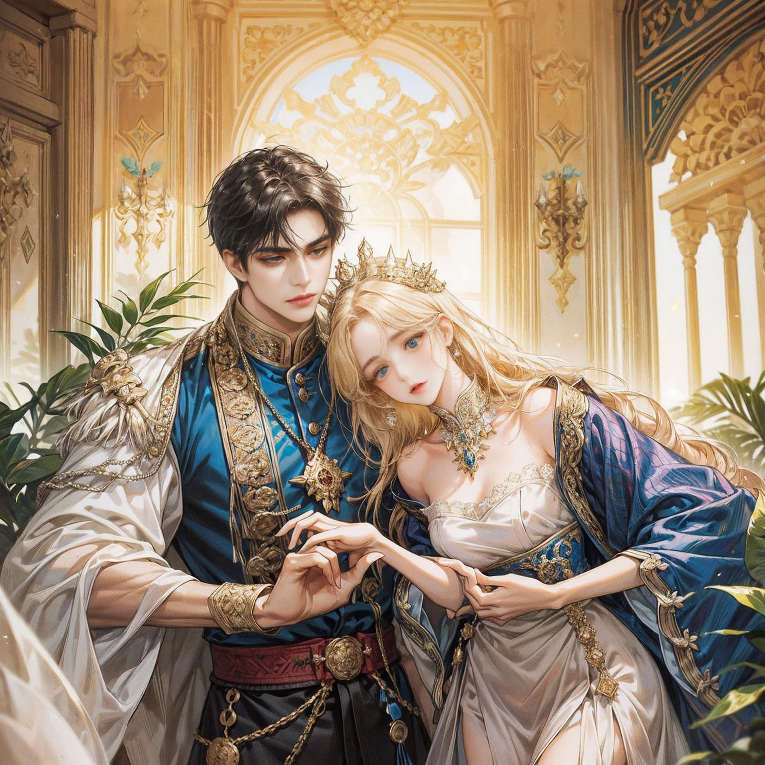 An intimate encounter between a man and a woman unfolds in a heartwarming and enchanting scene.。The stage is、The steppes of medieval Central Asia。The banks of the Ili River sparkling in sunlight。Fantastic and majestic continental scenery。Ethnic、Creates a romantic atmosphere。 They stand facing each other,。their heights are different from each other。 emphasizes their unique physical characteristics。 That man is his height,Has dark hair that frames his striking face。The man is the crown prince of the Turku nomadic empire in the steppes.。The man was wearing an ultramarine costume.、It is decorated with intricate golden embroidery.。Women are ordinary people of the Taklamakan Desert oasis, wearing Uighur national dress.。The woman is delicate and .。Her flowing, light-colored hair shows off her radiant beauty.。Their lips meet in a passionate kiss。 their pure love、Emphasis is placed on transcending class and culture.。 This magical moment captures the essence of their love。Evokes a sense of sweetness and seduction。symbolism、Impressionism、romantic、Persian miniature、The Romance of the Silk Road、Reminiscent of the style of Alma Tadema and Gustave Moreau、delicate、beautiful、It has an exotic, luxurious and profound charm.。digital art。