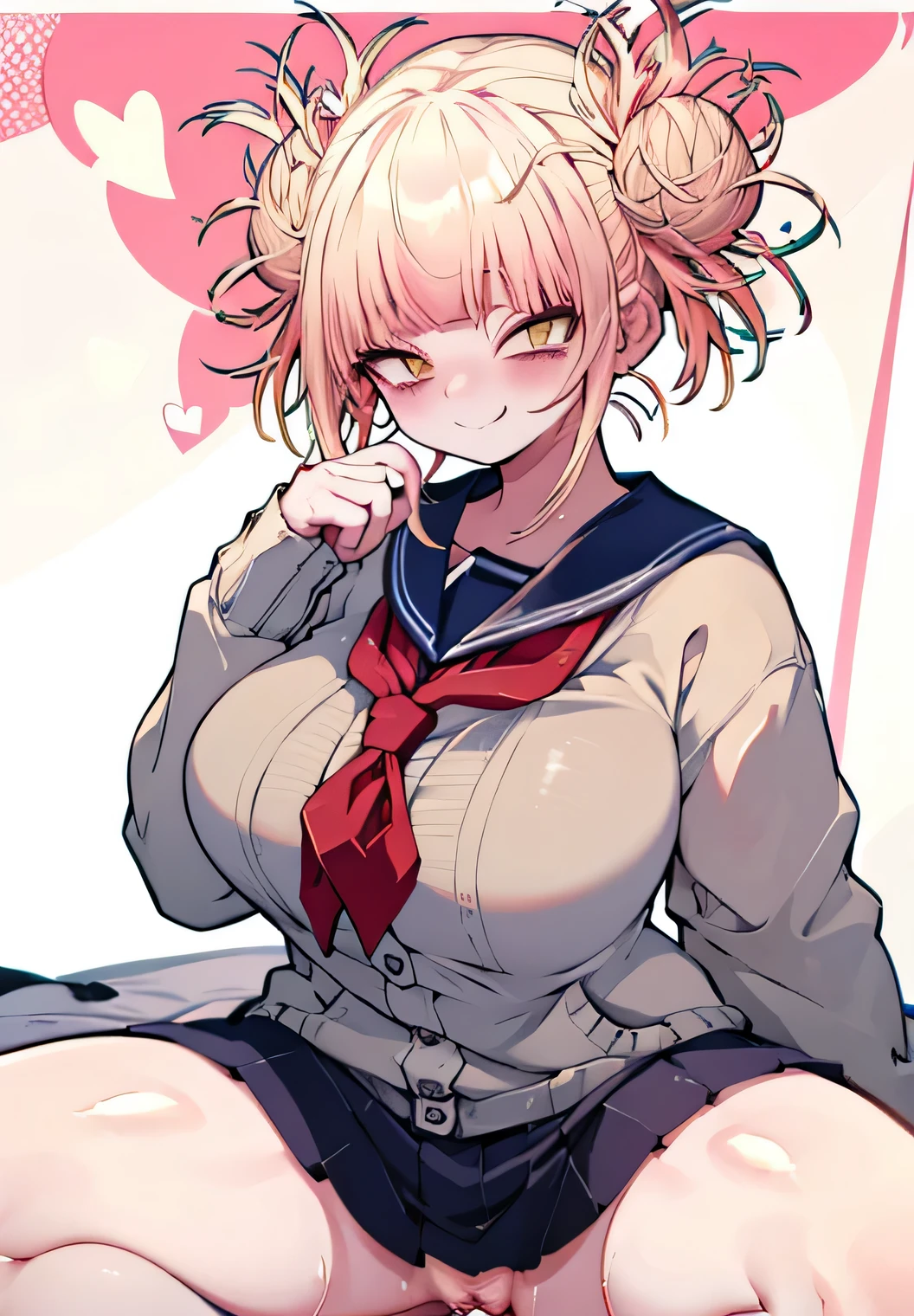 Erotic Anime Illustration、Highest image quality、A voluptuous female high school girl shows off her vagina and shows off her vagina.、Shimakaze、perfect proportions、Overwhelmingly big breasts beyond the norm、thick legs with fat、big areola、Beautiful shining eyes、cowboy shot、smile、get into heat、shaved pussy、exposing nipples、spread legs