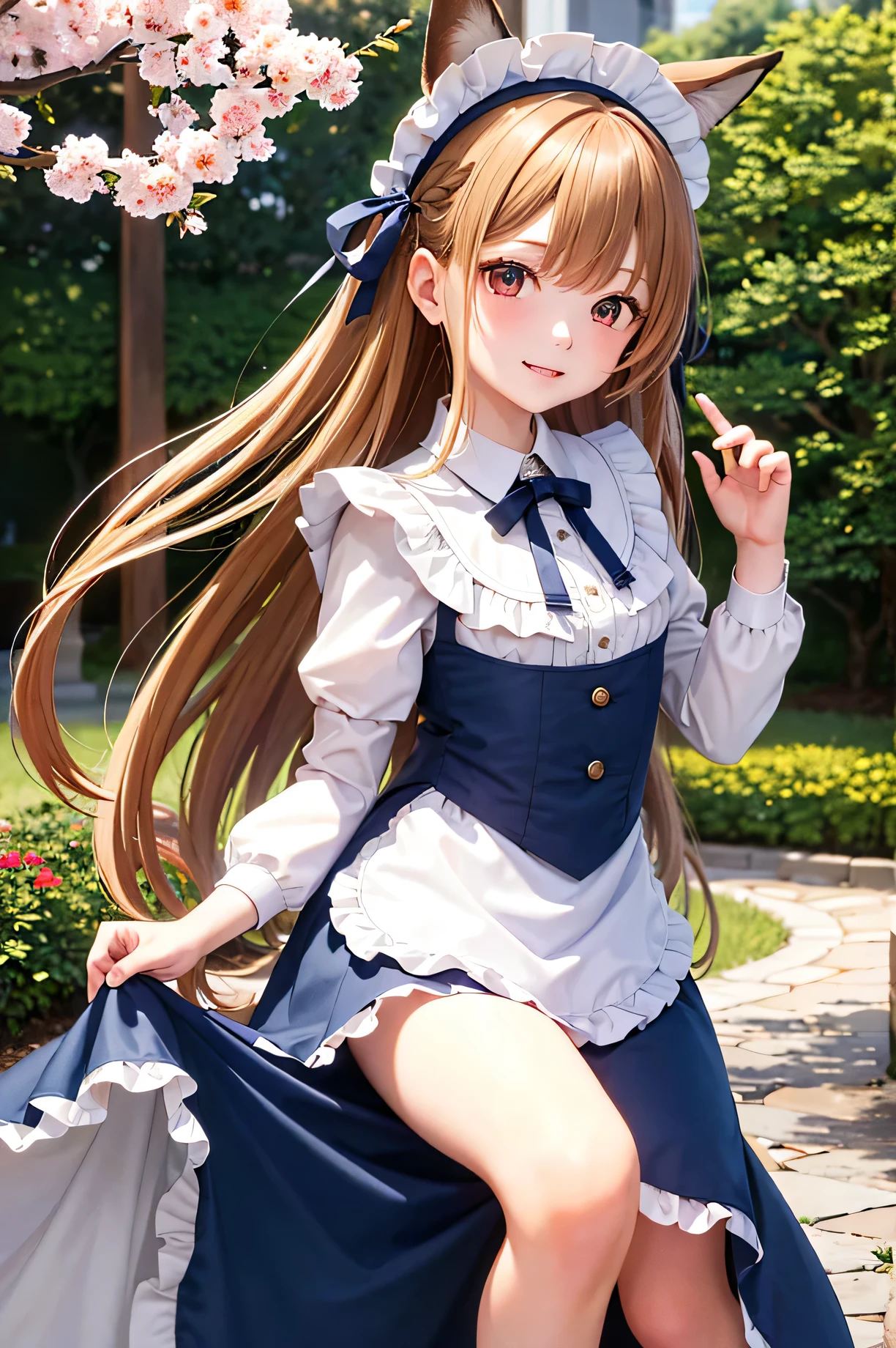 (masterpiece), highest quality, High resolution, very detailed, detailed background, perfect lighting, outside, 1 girl, Cherry tree in full bloom、light brown hair、bright red eyes、Small fox earimi is facing forward、Dark blue and white maid outfit、