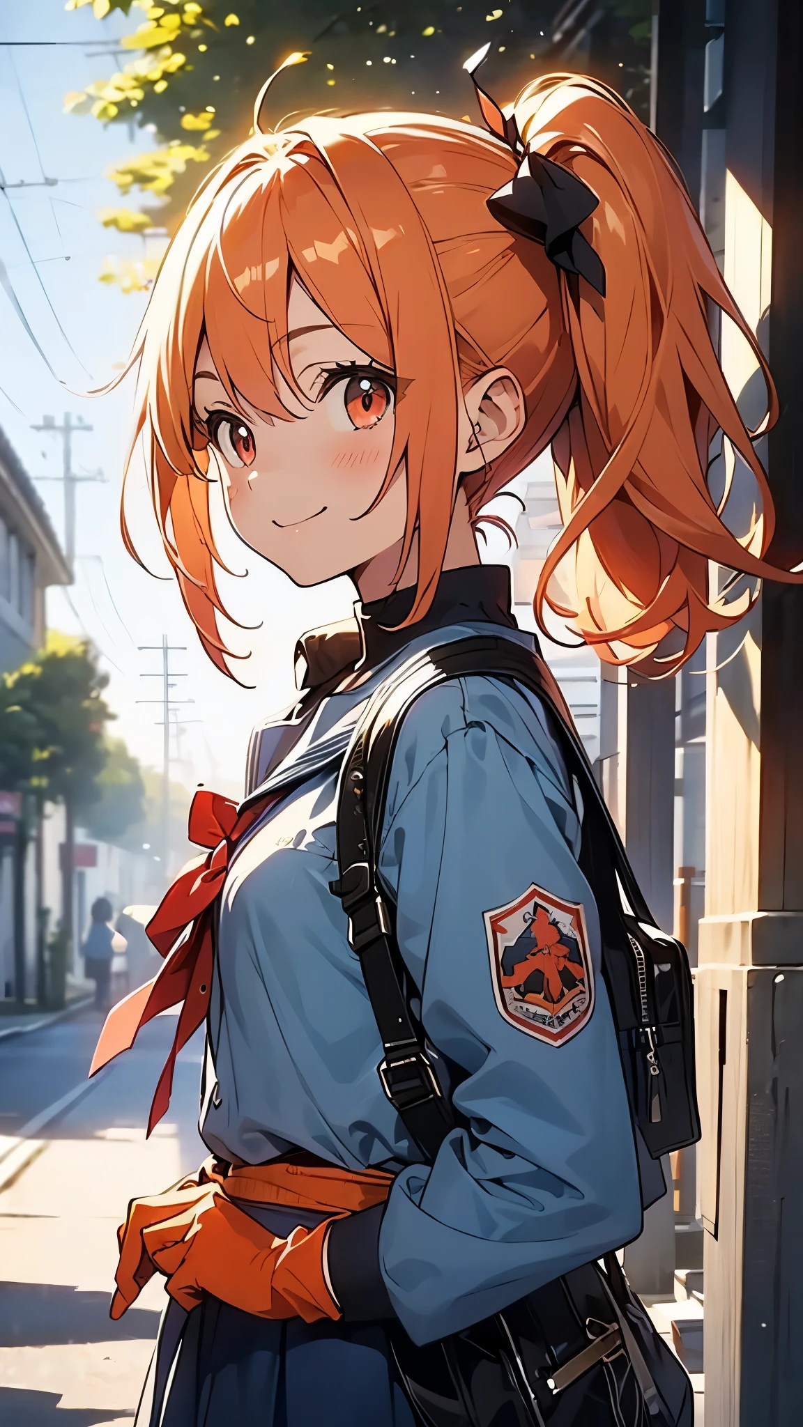 (highest quality、Extra fine、genuine)、1 anime high school girl、small breasts、riders jacket、orange hair、shortcut、side ponytail、beautiful red eyes、From the side、gloves、bright smile、Standing in front of a street tree、upper body close-up、blue sky、sharp outline