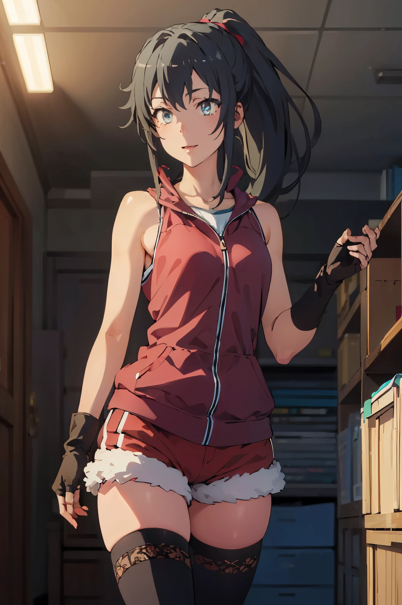 score_8_up, score_7_up, source_anime,1 girl, solo, hair_ponytail ribbon,Black hair, eyes blue, long hair, smile , Yukinoshita Yukino
BREAK (impossible clothes, fingerless gloves, red shorts, thighhighs:1.2)
BREAK gym storeroom,
BREAK pov, sex, penis
BREAK (masterpiece:1.2), best quality, high resolution,NSW ,unity 8k wallpaper, (illustration:0.8), (beautiful detailed eyes:1.6), extremely detailed face, perfect lighting, extremely detailed CG, (perfect hands, perfect anatomy),