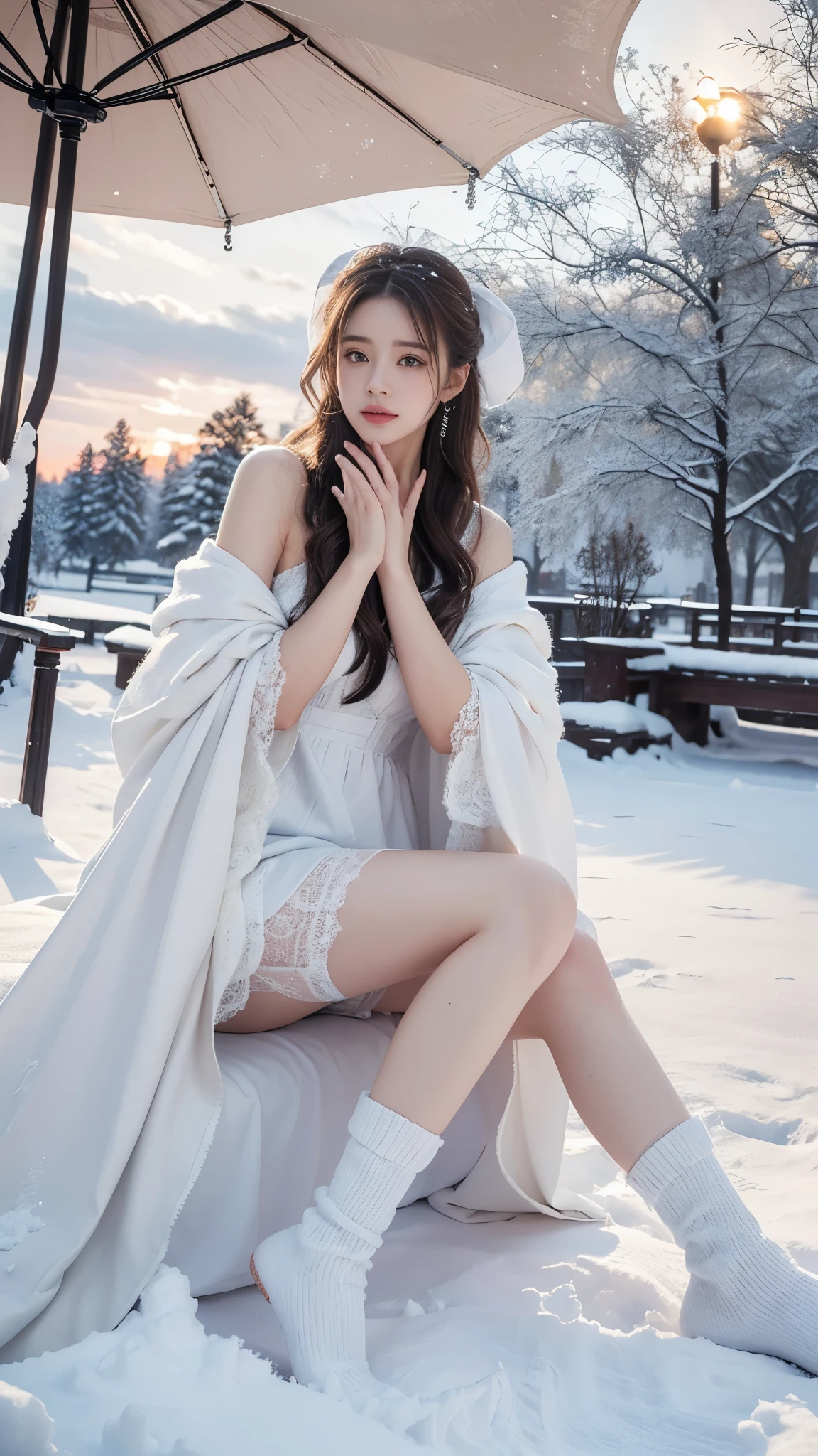 （8K，RAW photos， best qualtiy， tmasterpiece：1.2），（realisticlying， photograph realistic：1.4)，Hide your face with sadness，
Lolita costume，Lace， Aerith Gainsborough， The upper part of the body，upper legs，Lace， undergarments，exposed bare shoulders， do lado de fora， (outside，Covered with snow，cloaks，) high high quality， Adobe Lightroom， highdetailskin， looking at viewert，