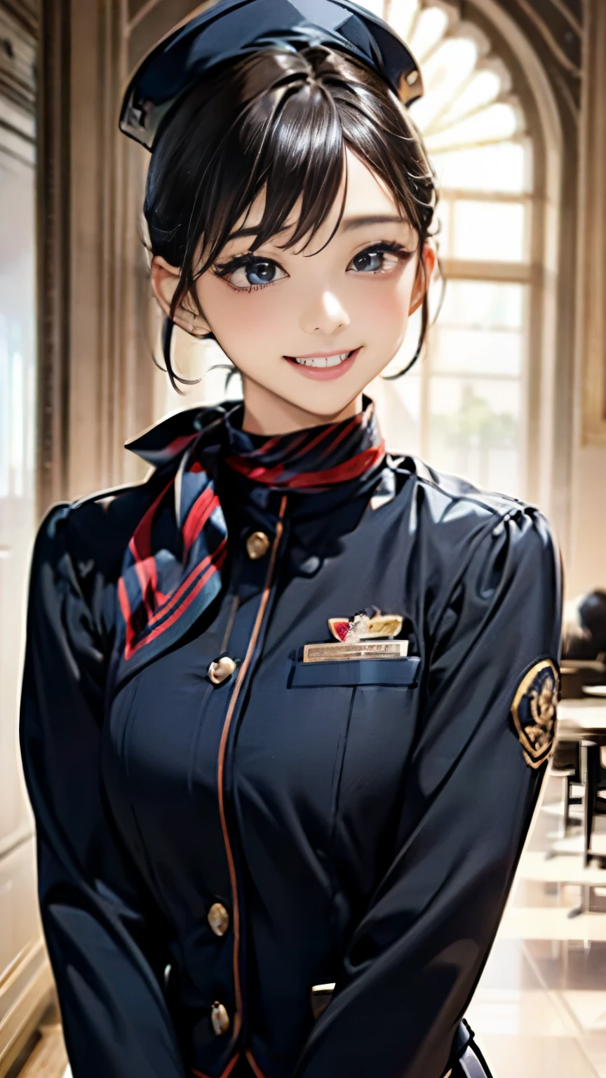 A breathtaking masterpiece、Filmed in breathtaking 8K resolution、The portrait is exquisitely painted、It&#39;s real.。The scene is bathed in HDR light..、It depicts a beautiful woman in the middle distance.、(chignon、black hair)、medium breasts、(flight attendant、uniform、scarf、hat、name tag、smile、make、Hairstyle、uniformのボタン、uniformのジャケット、Pants or skirt、uniformのベスト、heel shoes、gloves、Airplane emblem、earpiece、uniformのパッチ、uniformのエプロン)、In a perfect contrapposto pose、Her hands were placed gently on her head、Smiling kindly at the audience。She exudes an aura of grace and charm..。