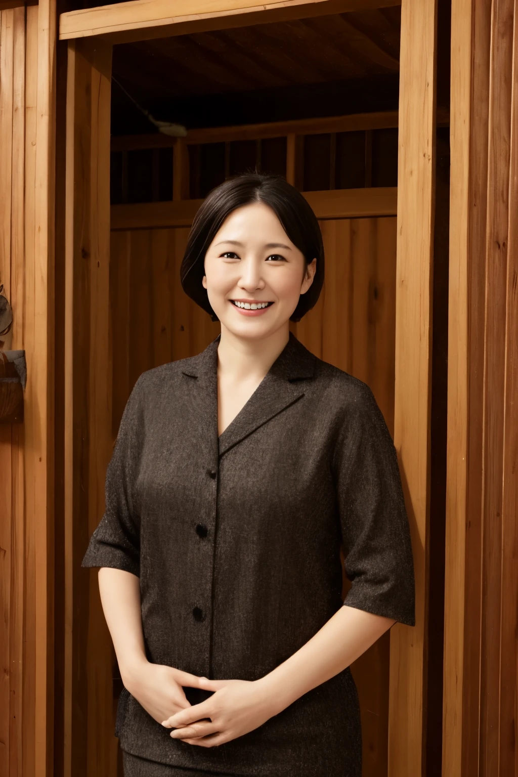 portrait、8K、high quality、realistic photo images、39 years old、japanese woman、neat wife、young proprietress of an inn、Reproduces natural and realistic eyes、japanese stand、、美しいblack hair、short hair、short hair、light makeup、octane rendering、beautiful lighting、composition of golden ratio、laughter、short sleeveの服、bright colors、casual clothes、short sleeveの旅館の従業員の服装、short sleeve、mini skirtの服装、howing thighs、very short skirt、Standing at the entrance to a hot spring inn、Ryokan Sandals、Welcome customers、welcome、Hot spring inn entrance background、4k、High level image quality、realistic photo images、japanese woman、39 years old、Pure Japanese humanity、beautiful wife、Upper body、beautiful bust、Bulge of the bust、light makeup、、neat beauty、mature woman、refreshing smile、open your mouth、black hair、black eye、