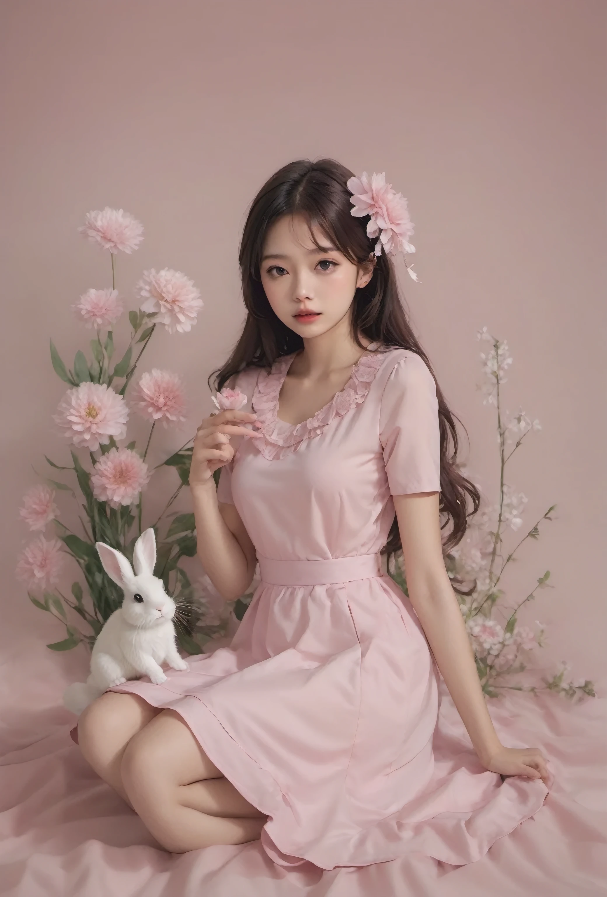 Arapé girl wearing a pink dress sitting in a flower field, ultrarealistic sweet bunny girl, 🌺 CG Society, fairy core, Guweizu, Exciting and cute aesthetics, Pink pastels, artwork in the style of Guweizu, bunny girl, soft anime illustration, dressed up, pastel pink, april'expression, Cute realistic portrait,high quality,masterpiece,change hands